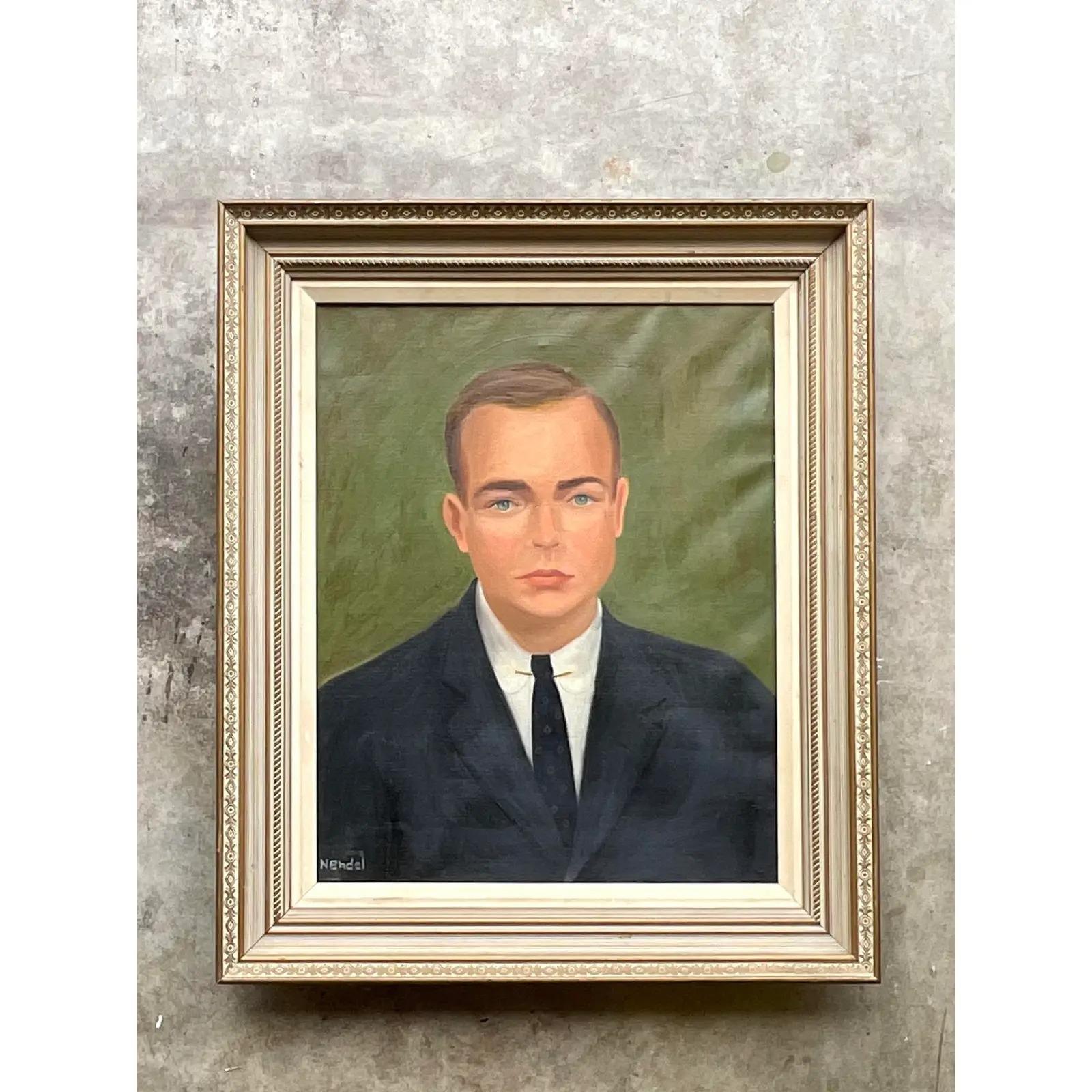 Vintage Mid-Century Modern Original Oil Portrait of Young Man. Signed In Good Condition For Sale In west palm beach, FL