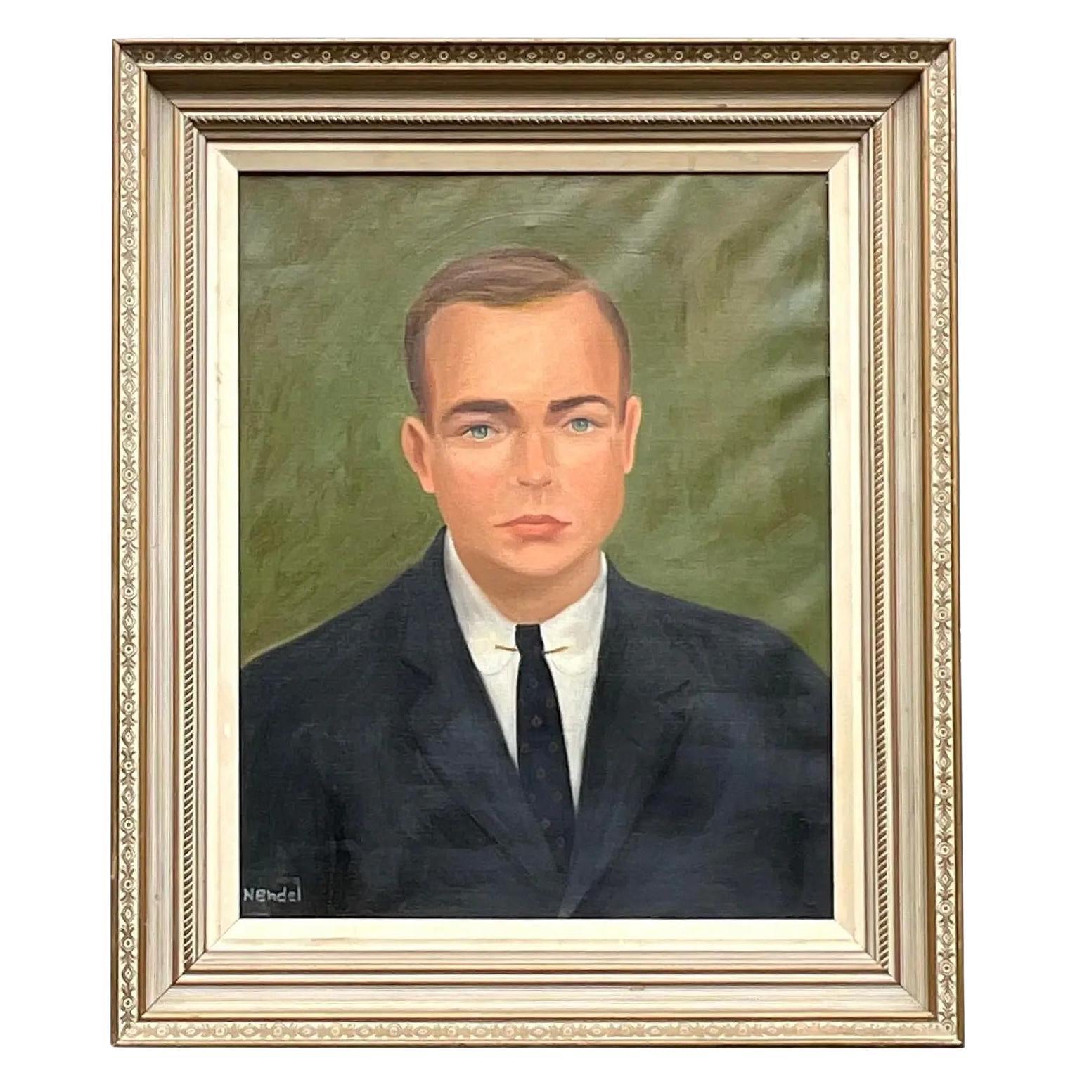 Vintage Mid-Century Modern Original Oil Portrait of Young Man. Signed For Sale