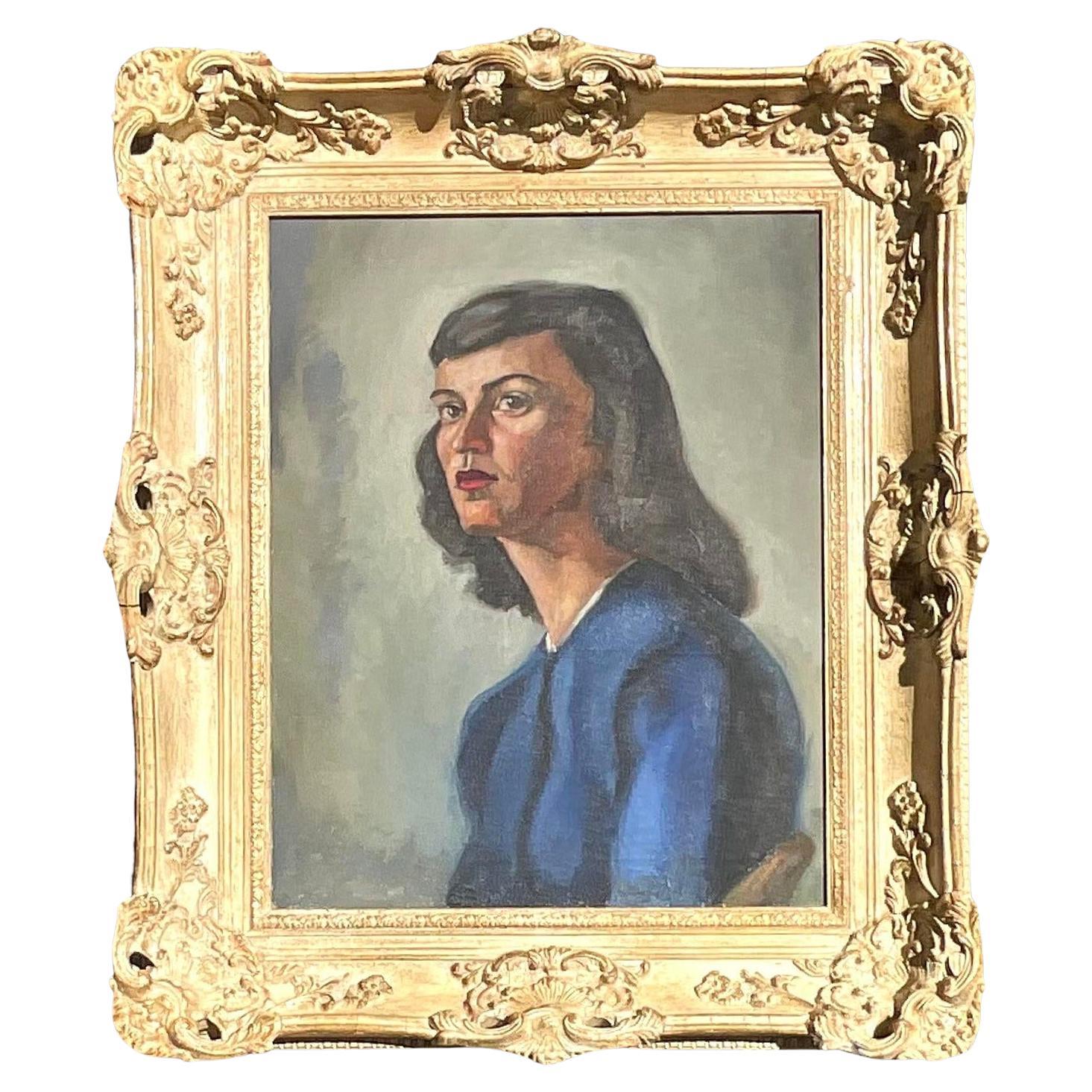 Vintage MCM Original Oil Portrait on Canvas For Sale