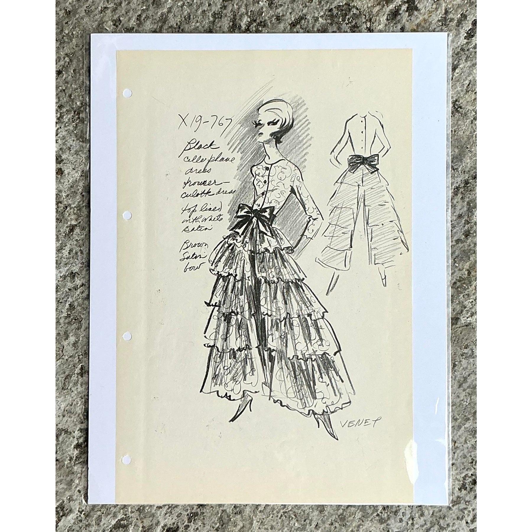 Mid-Century moderno Schizzo di moda vintage originale MCM Philippe Venet