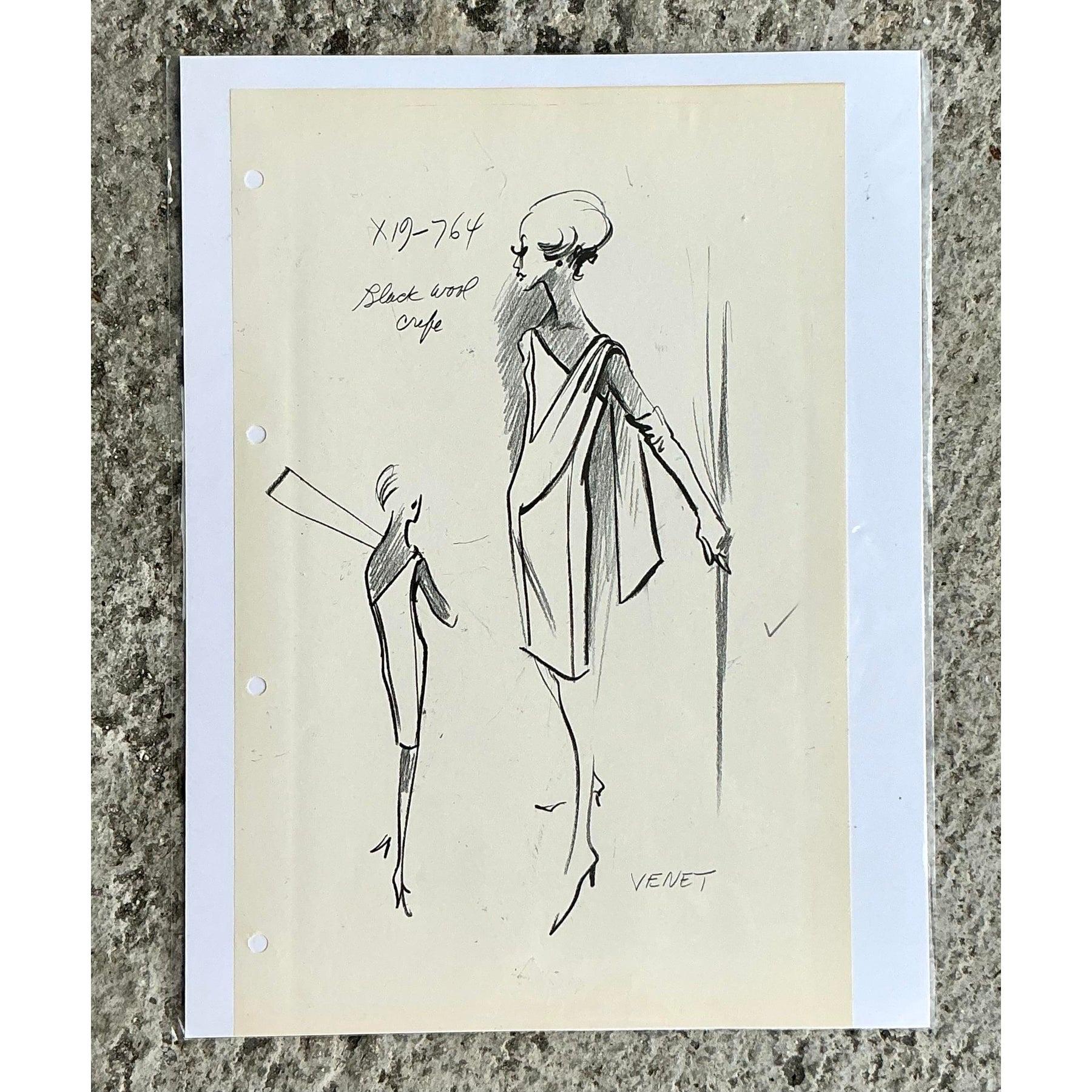 Mid-Century Modern Sketch de mode vintage MCM originale Phillipe Venet sur papier