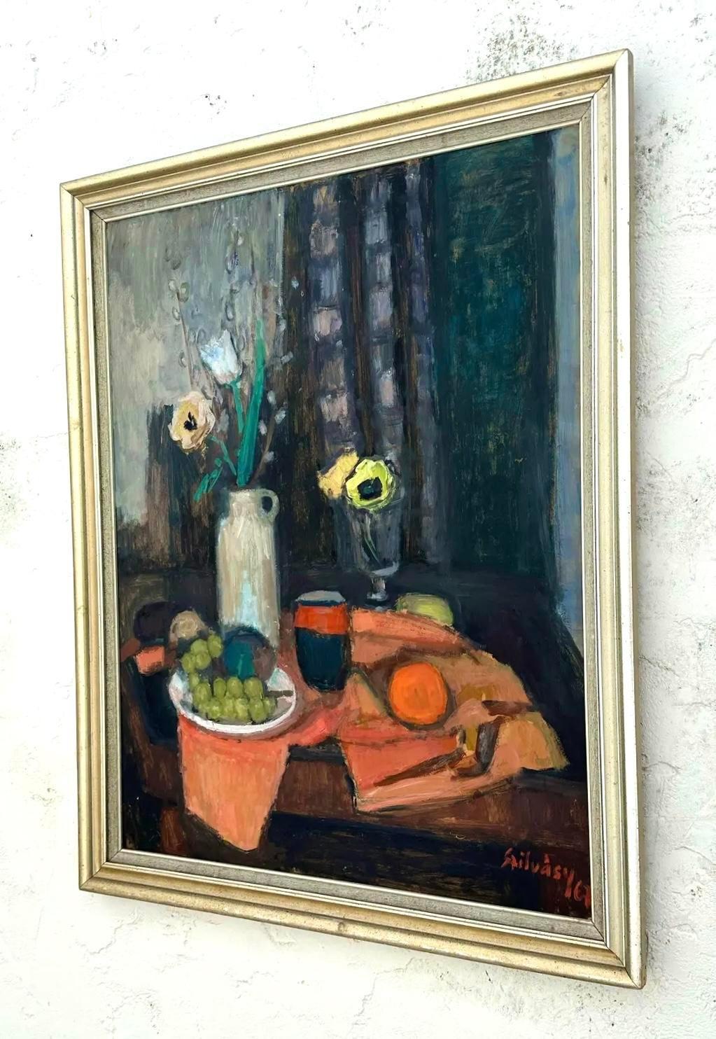 Vintage MCM Original Still Life Oil Painting on Canvas For Sale at 1stDibs