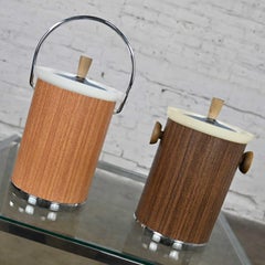 Vintage MCM Pair Kromex Ice Buckets 1 Light 1 Dark Woodgrain Textured Metal