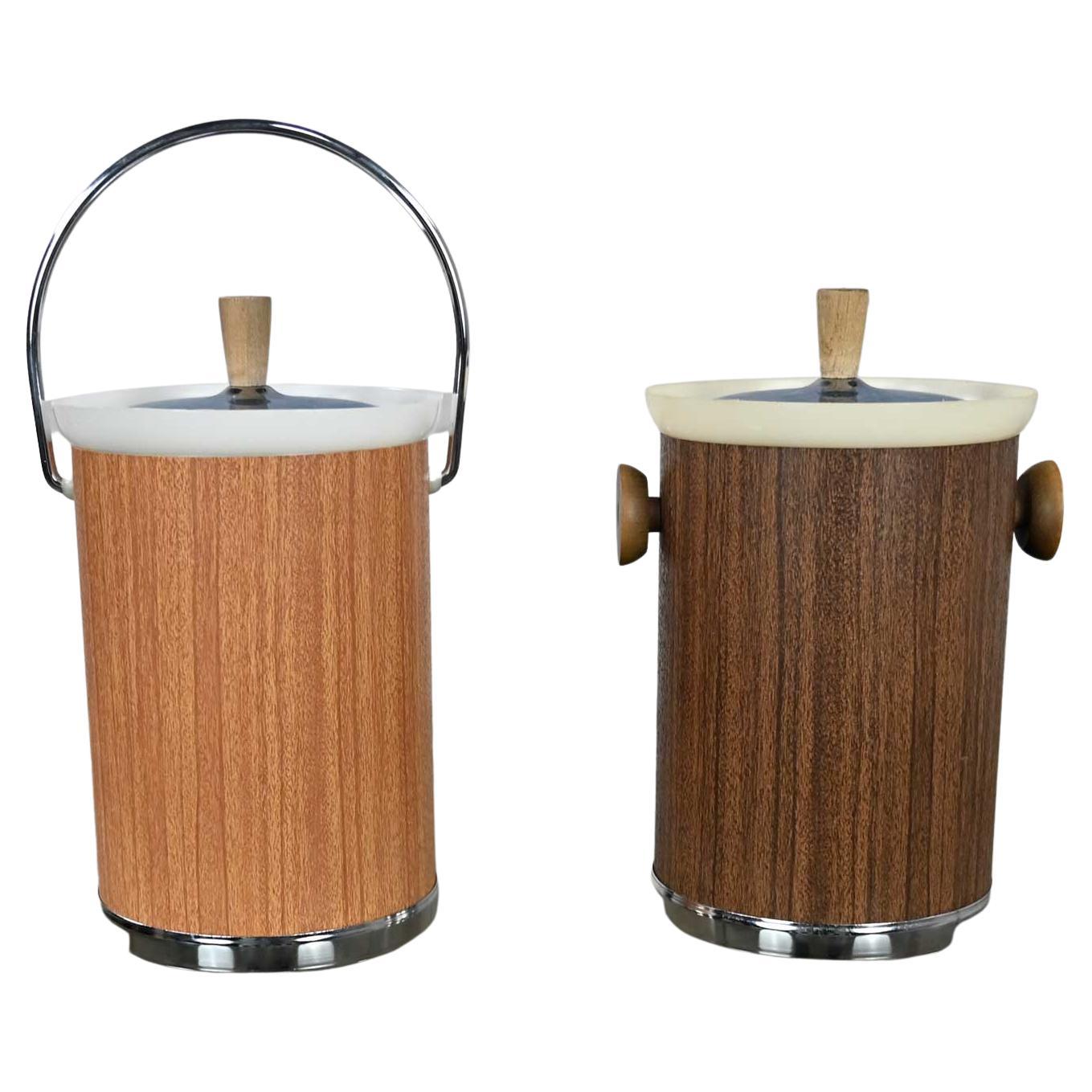 Vintage MCM Pair Kromex Ice Buckets 1 Light 1 Dark Woodgrain Textured Metal For Sale