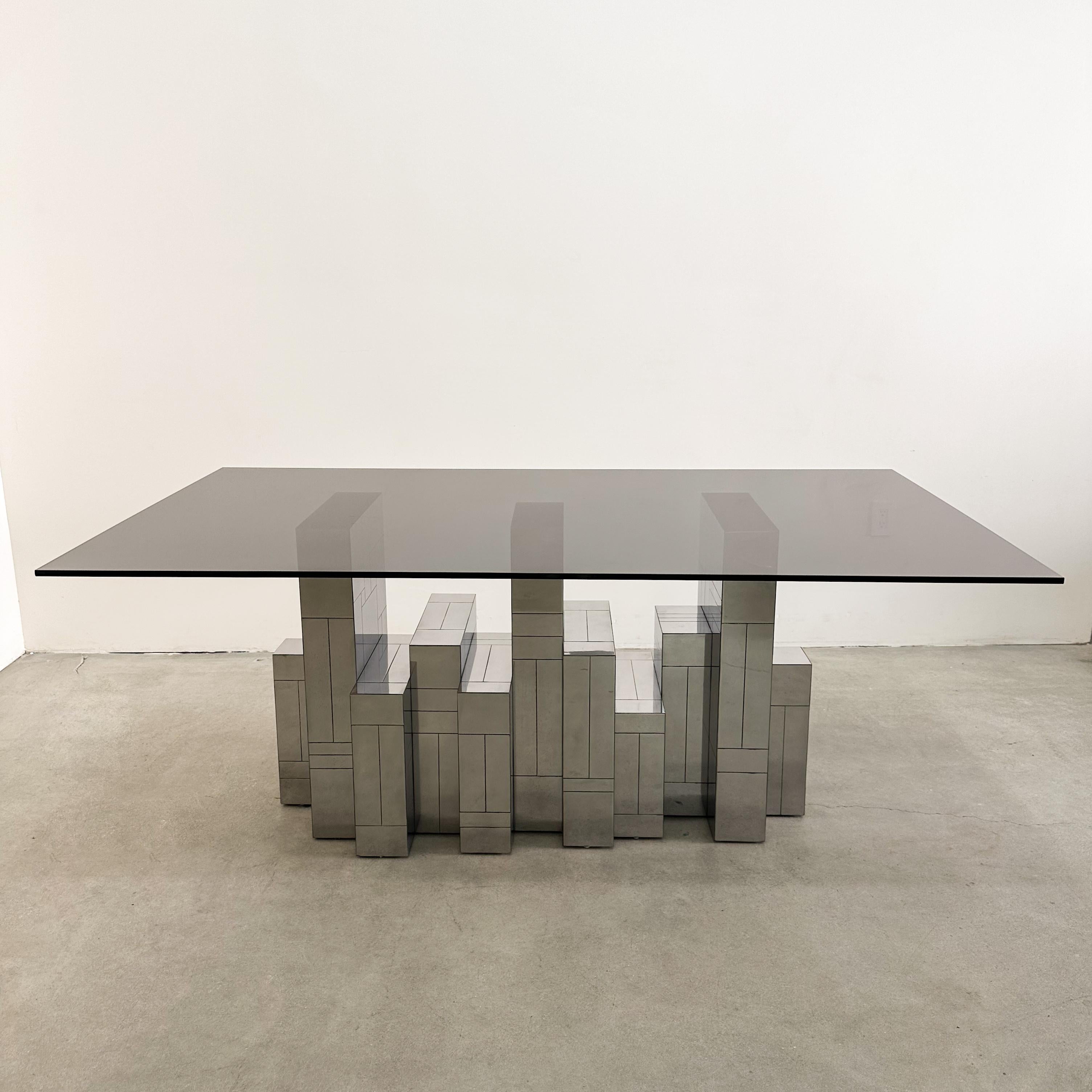 American Vintage MCM Paul Evans Cityscape Dining Table – Gunmetal Base, Smoke Glass Top For Sale