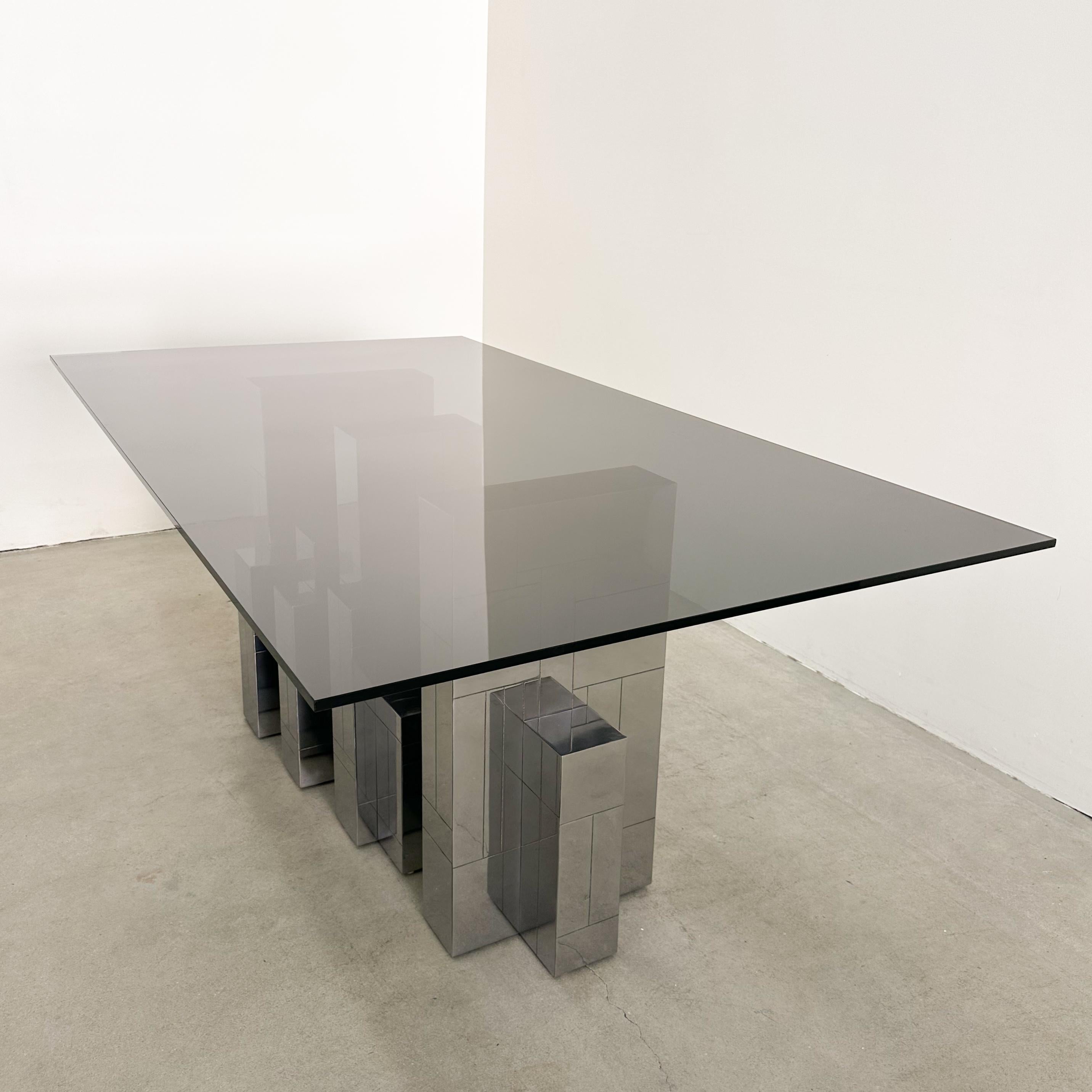 Late 20th Century Vintage MCM Paul Evans Cityscape Dining Table – Gunmetal Base, Smoke Glass Top For Sale