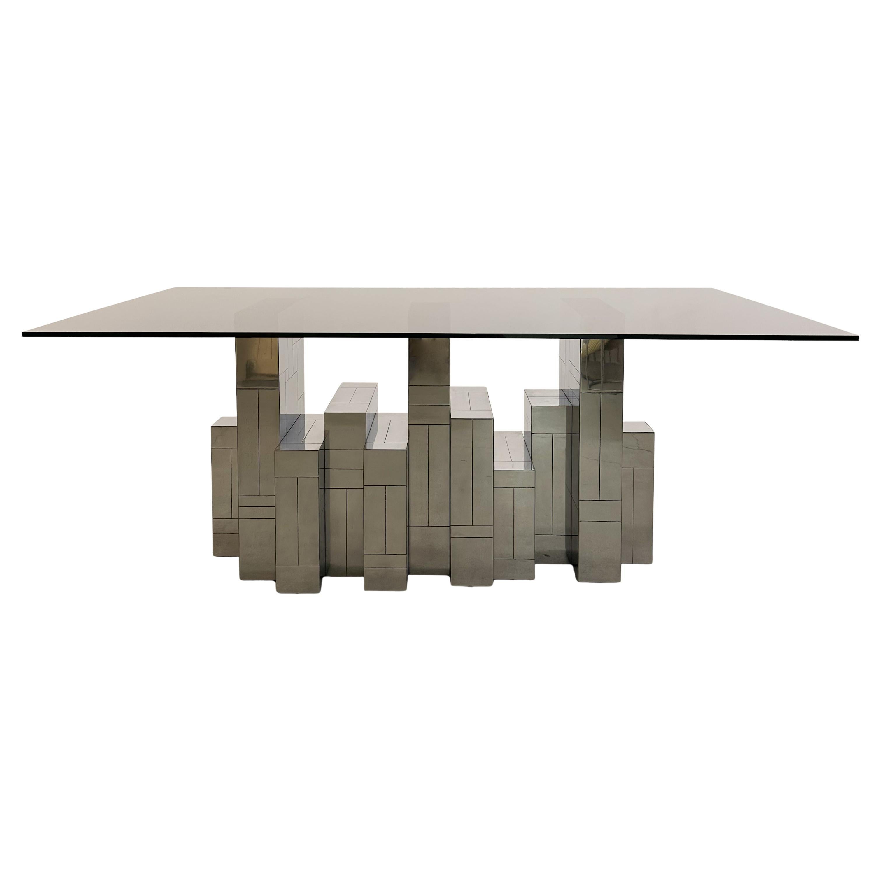 Vintage MCM Paul Evans Cityscape Dining Table – Gunmetal Base, Smoke Glass Top For Sale