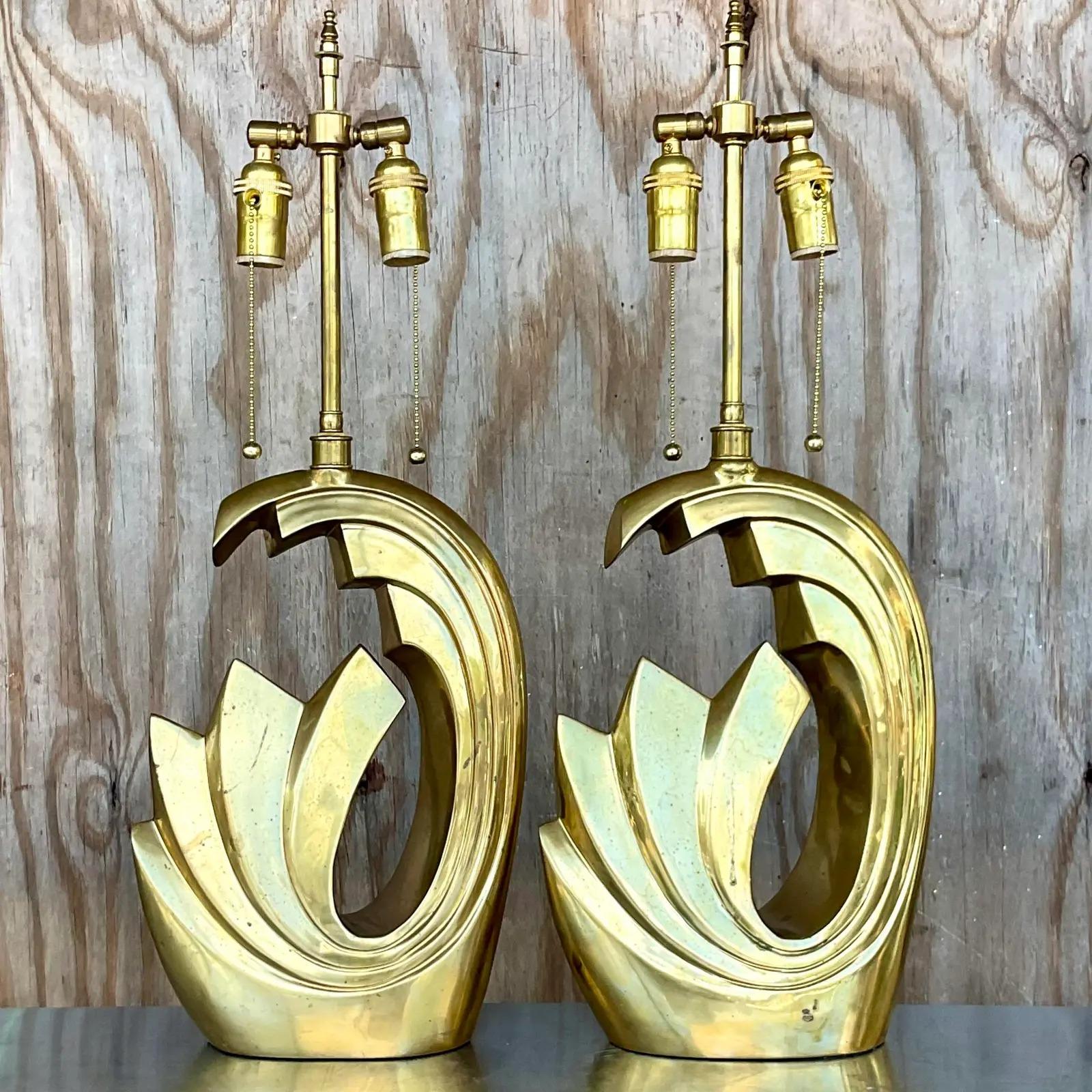 North American Vintage MCM Pierre Cardin C-86 Brass Wave Lamps, a Pair