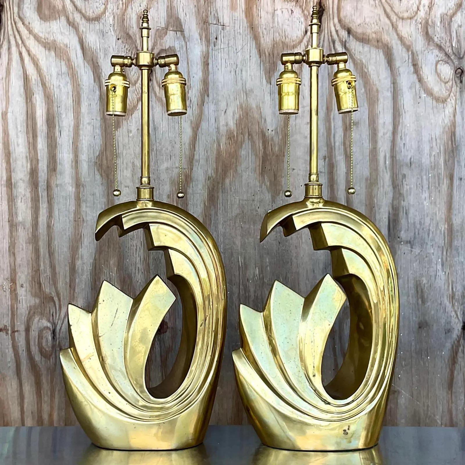 Vintage MCM Pierre Cardin C-86 Brass Wave Lamps, a Pair In Good Condition In west palm beach, FL
