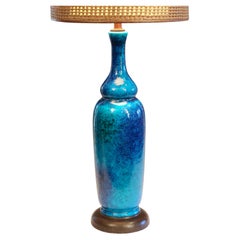 Vintage MCM Pottery Lamp Mid Century Turquoise Original Rattan Drum Shade 1960's