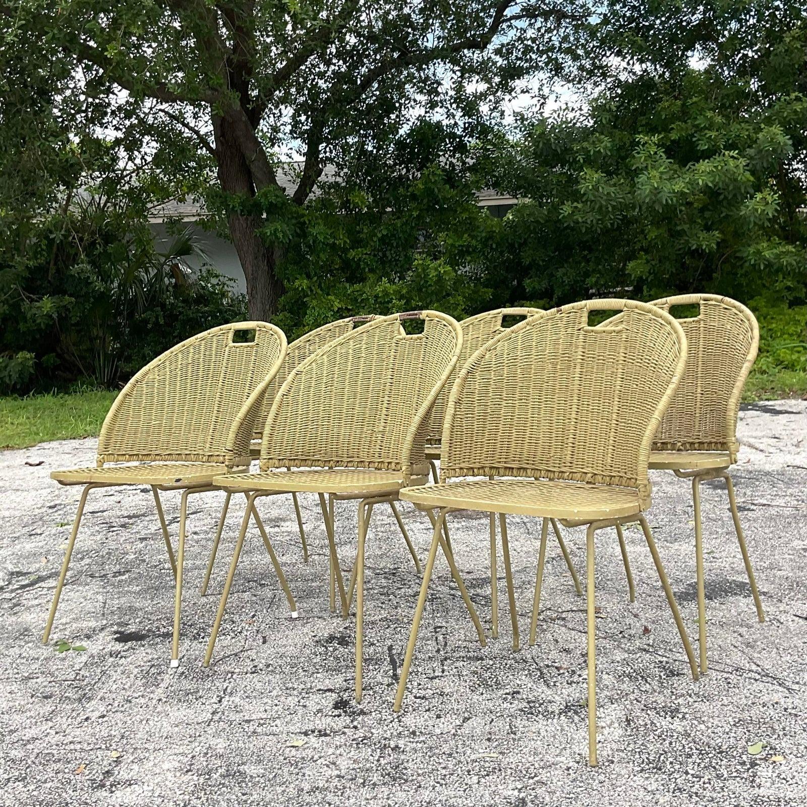 North American Vintage MCM Rattan and Wrought Iron Dining Chairs by Maurizio Tempestini For Sale