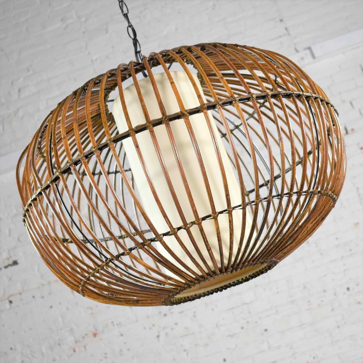 MCM Rattan Cage Pendant Chandelier with Interior Shade after Franco Albini 1