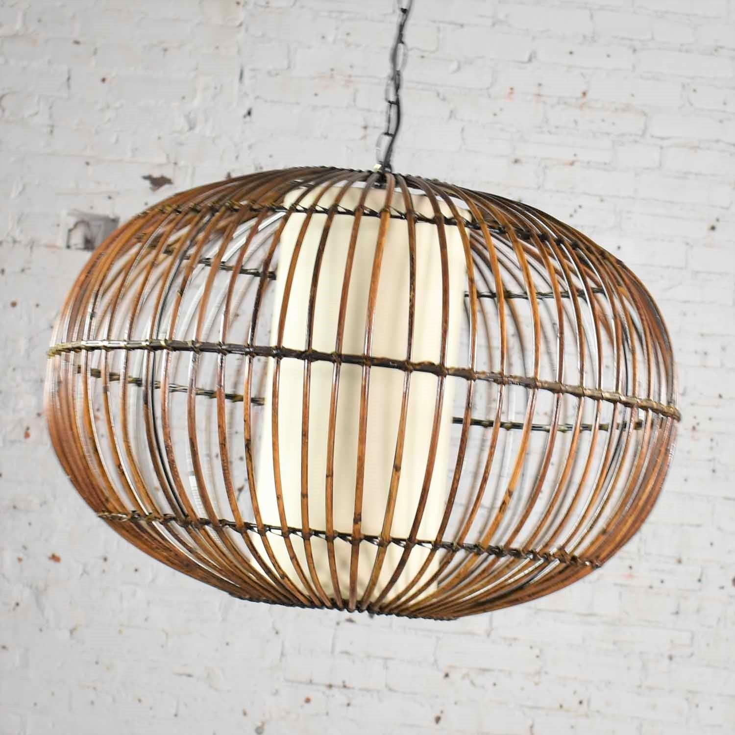 MCM Rattan Cage Pendant Chandelier with Interior Shade after Franco Albini 2