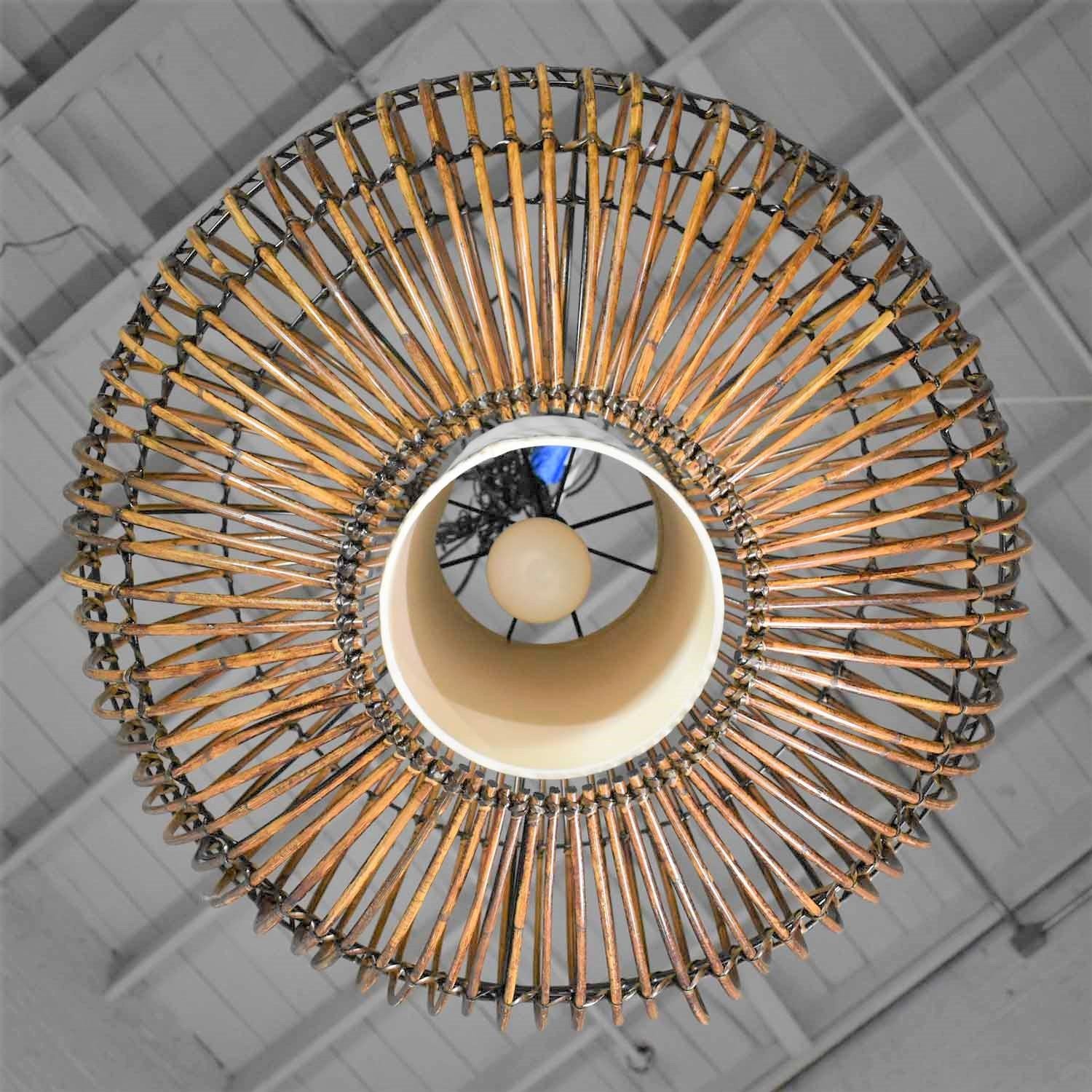 MCM Rattan Cage Pendant Chandelier with Interior Shade after Franco Albini 3