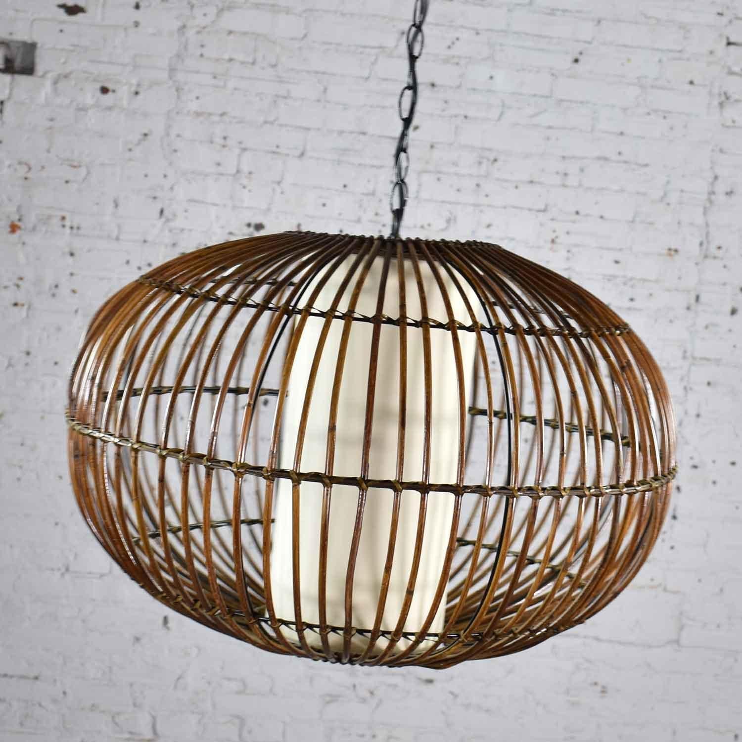 MCM Rattan Cage Pendant Chandelier with Interior Shade after Franco Albini 4