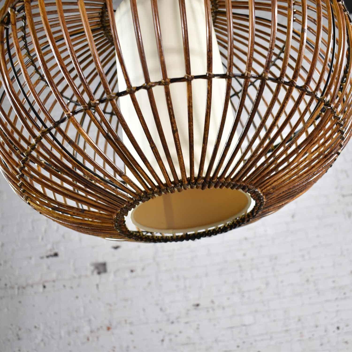 MCM Rattan Cage Pendant Chandelier with Interior Shade after Franco Albini 5