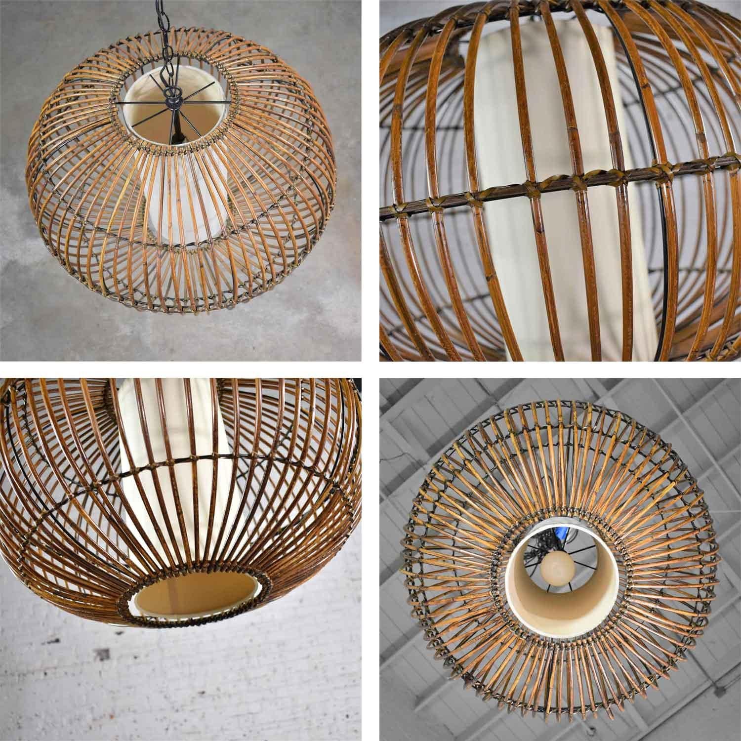 MCM Rattan Cage Pendant Chandelier with Interior Shade after Franco Albini 7