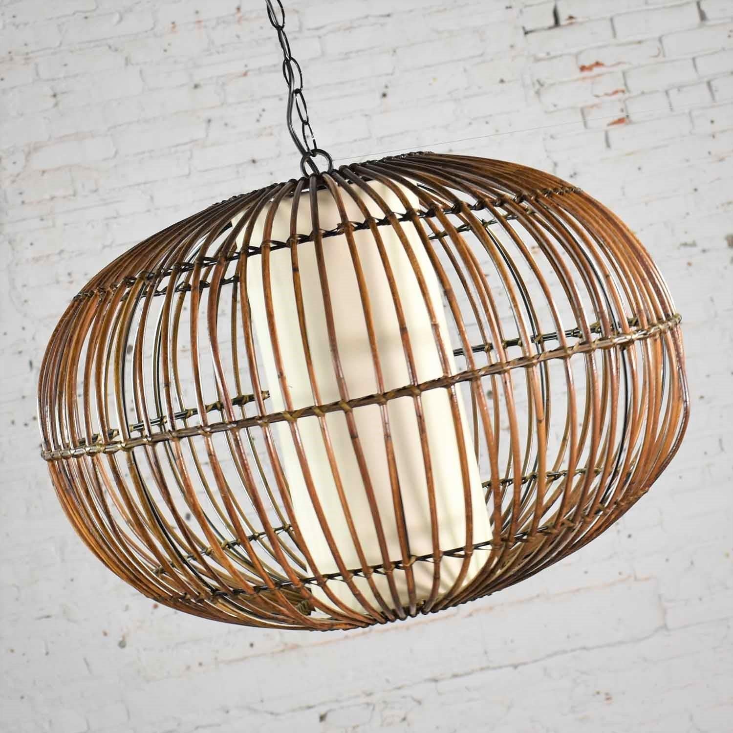 Mid-Century Modern MCM Rattan Cage Pendant Chandelier with Interior Shade after Franco Albini