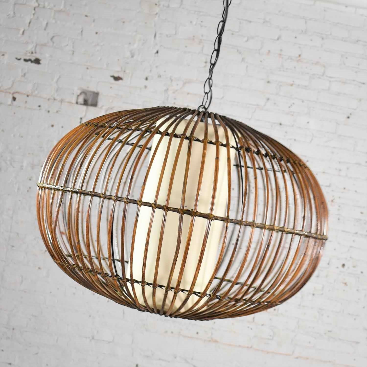 MCM Rattan Cage Pendant Chandelier with Interior Shade after Franco Albini In Good Condition In Topeka, KS