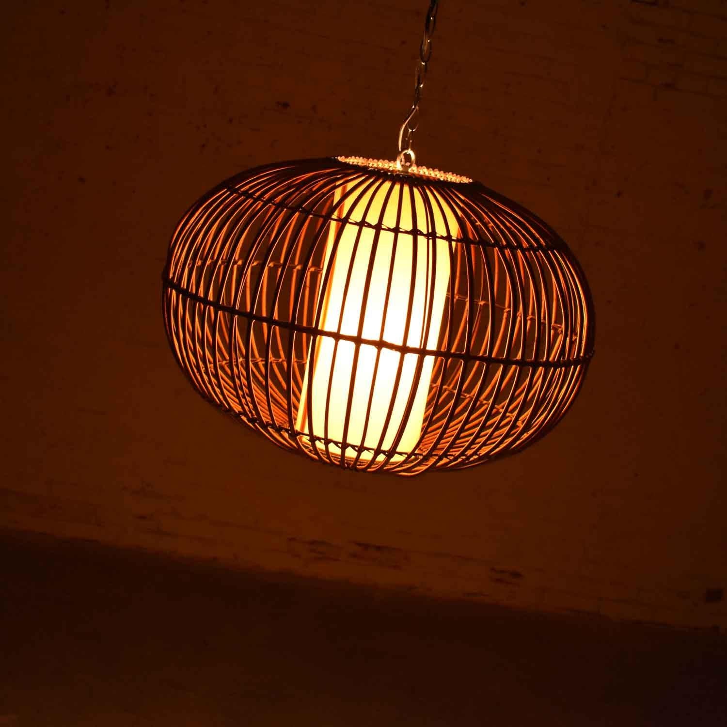 20th Century MCM Rattan Cage Pendant Chandelier with Interior Shade after Franco Albini
