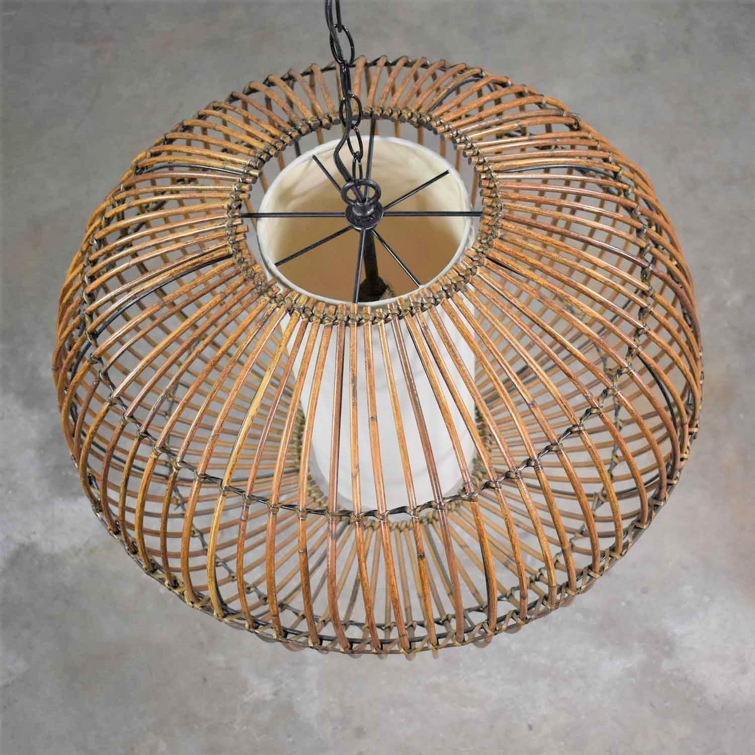 Metal MCM Rattan Cage Pendant Chandelier with Interior Shade after Franco Albini