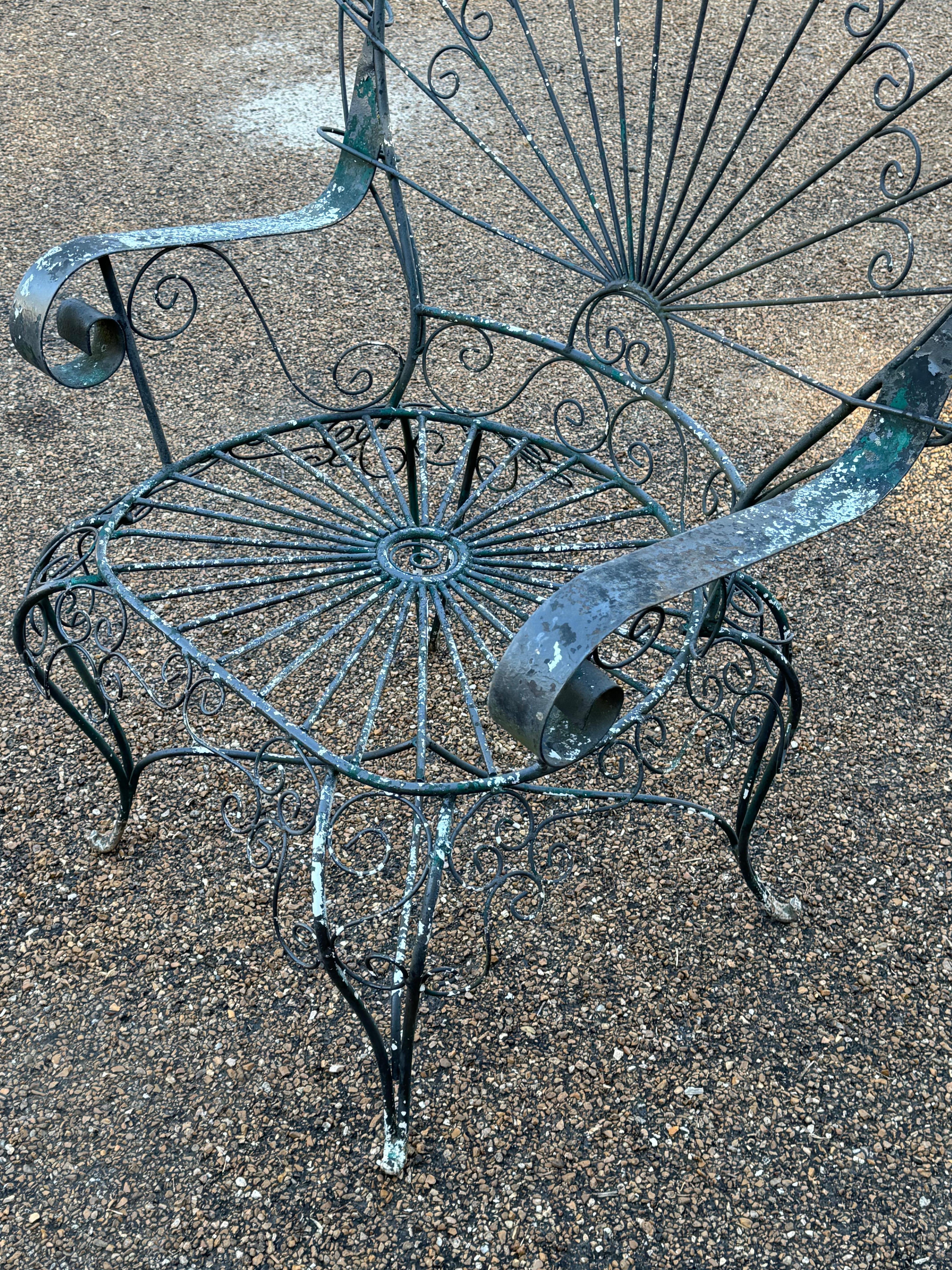 Vintage MCM Salterini Patio or Garden Peacock Wrought Iron Wingback Arm Chair In Good Condition For Sale In St. Louis, MO