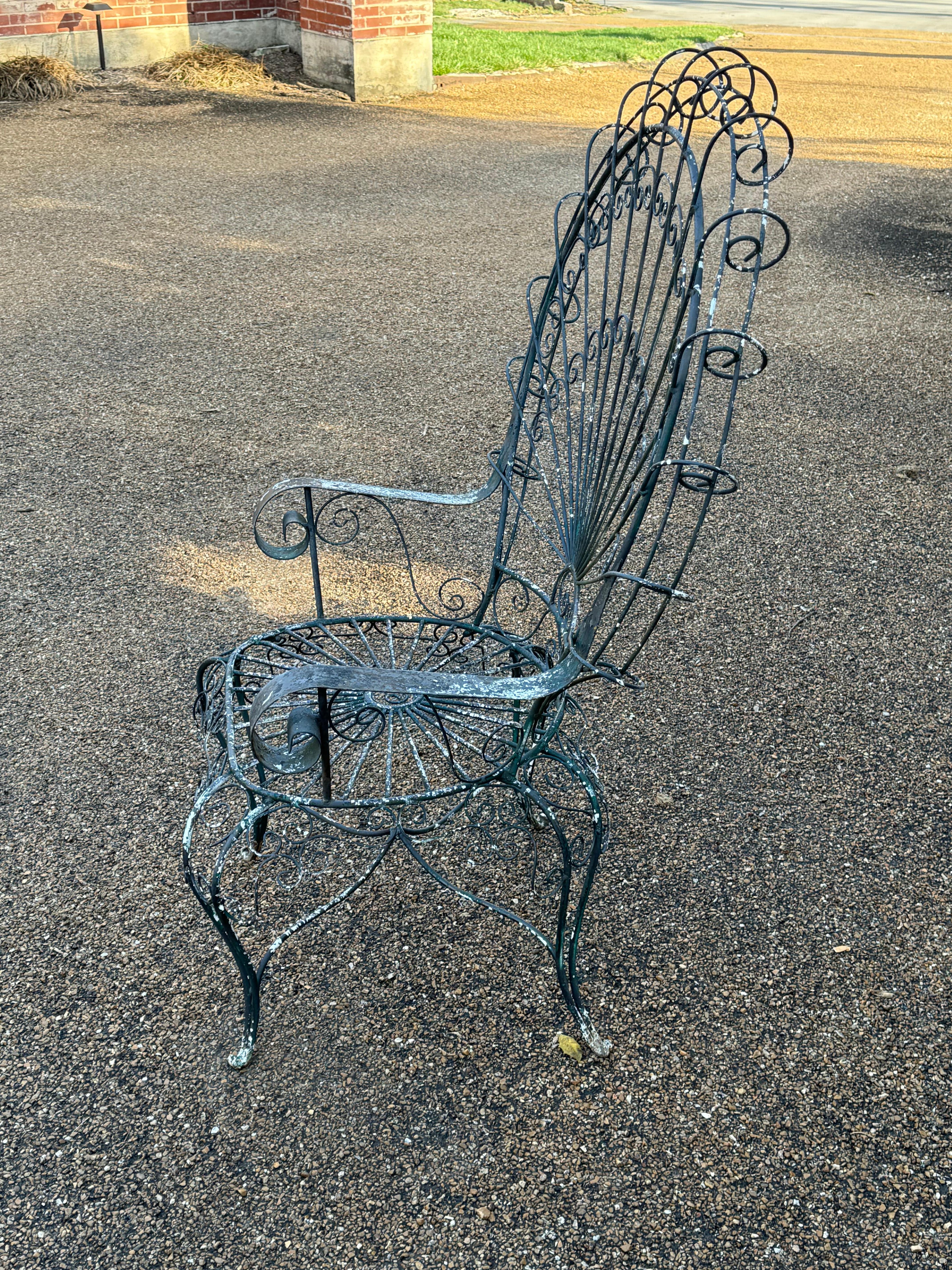 Vintage MCM Salterini Patio or Garden Peacock Wrought Iron Wingback Arm Chair For Sale 1