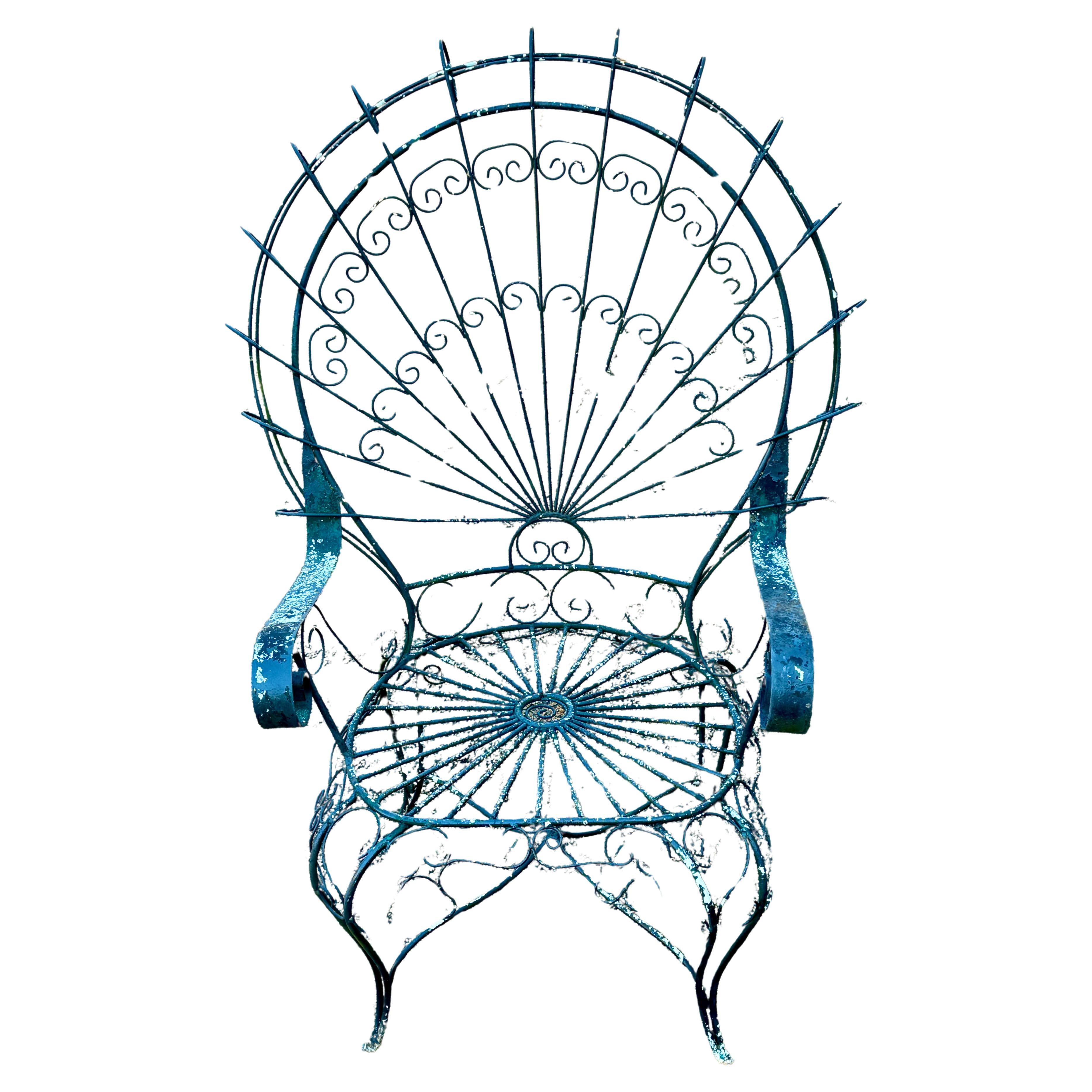Vintage MCM Salterini Patio or Garden Peacock Wrought Iron Wingback Arm Chair For Sale