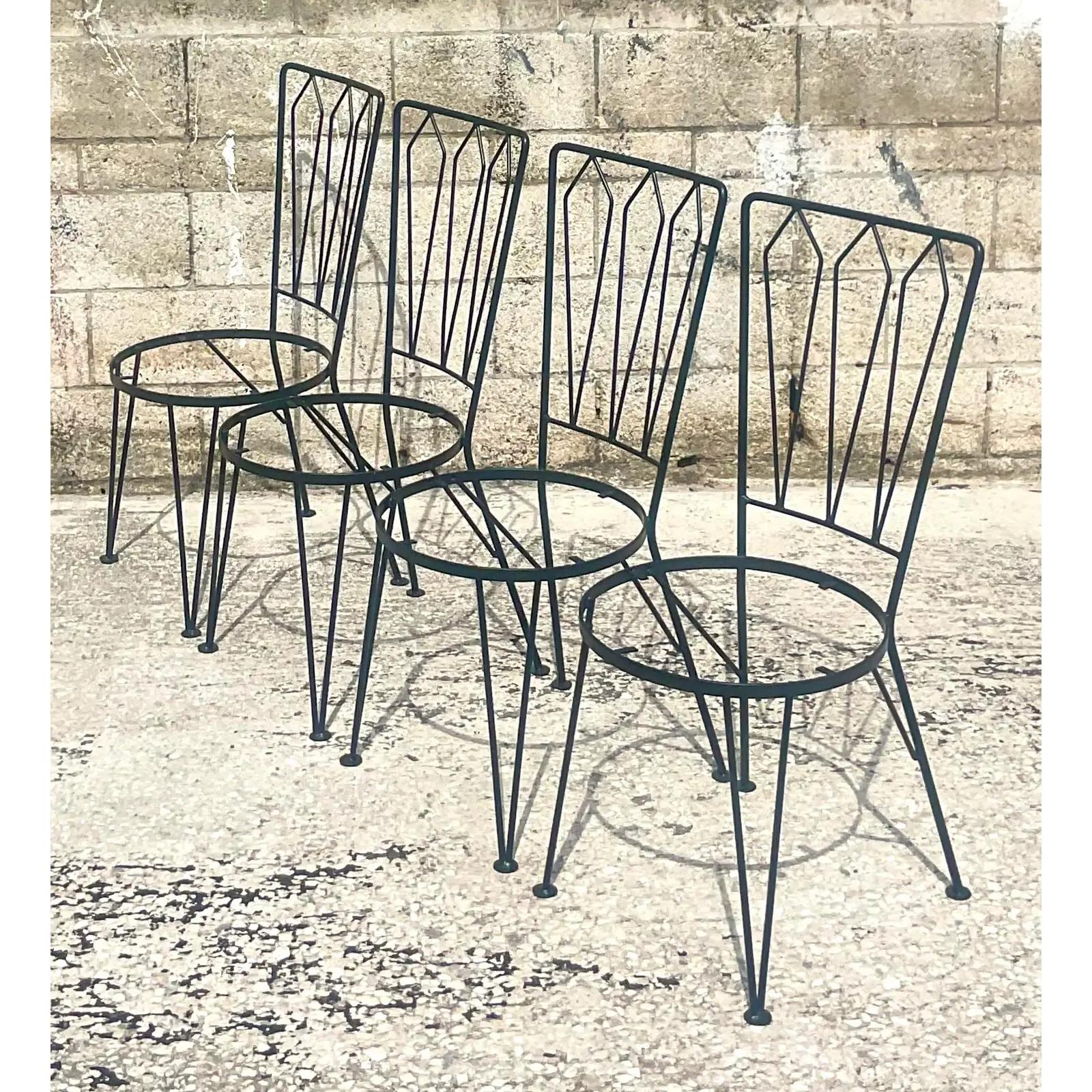 Fantastic set of vintage MCM wrought iron dining chairs. Made by the iconic Tempestini and designed by Salterini. Fully restored with all new powder sand blasting and powder coating. Acquired from a Palm Beach estate.