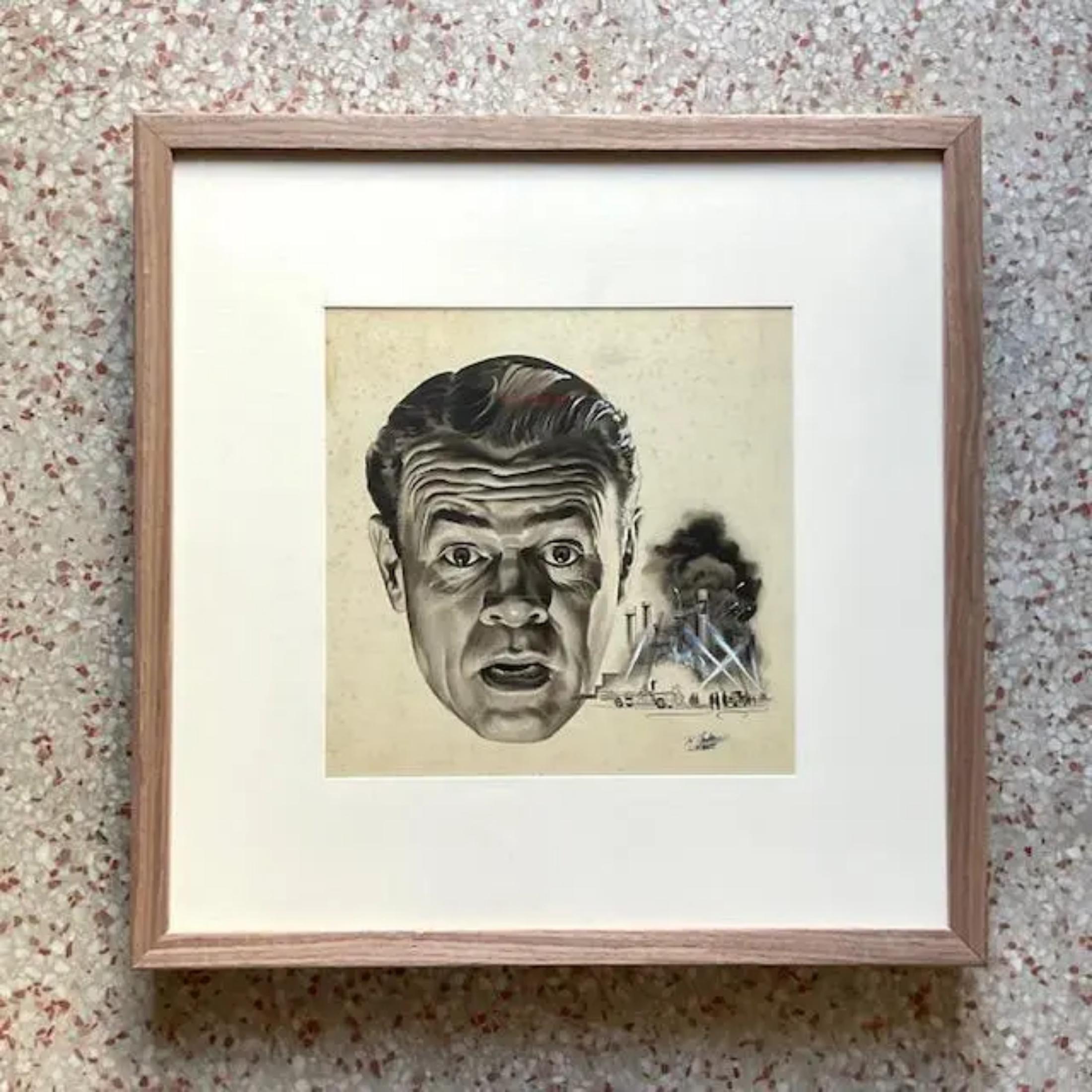 A fantastic vintage original ink sketch on paper. A cool sci-fi drawing of a man’s face. Little story line vignettes around the man’s head. Almost like movie stills. Signed by the artist. Acquired from a Palm Beach estate