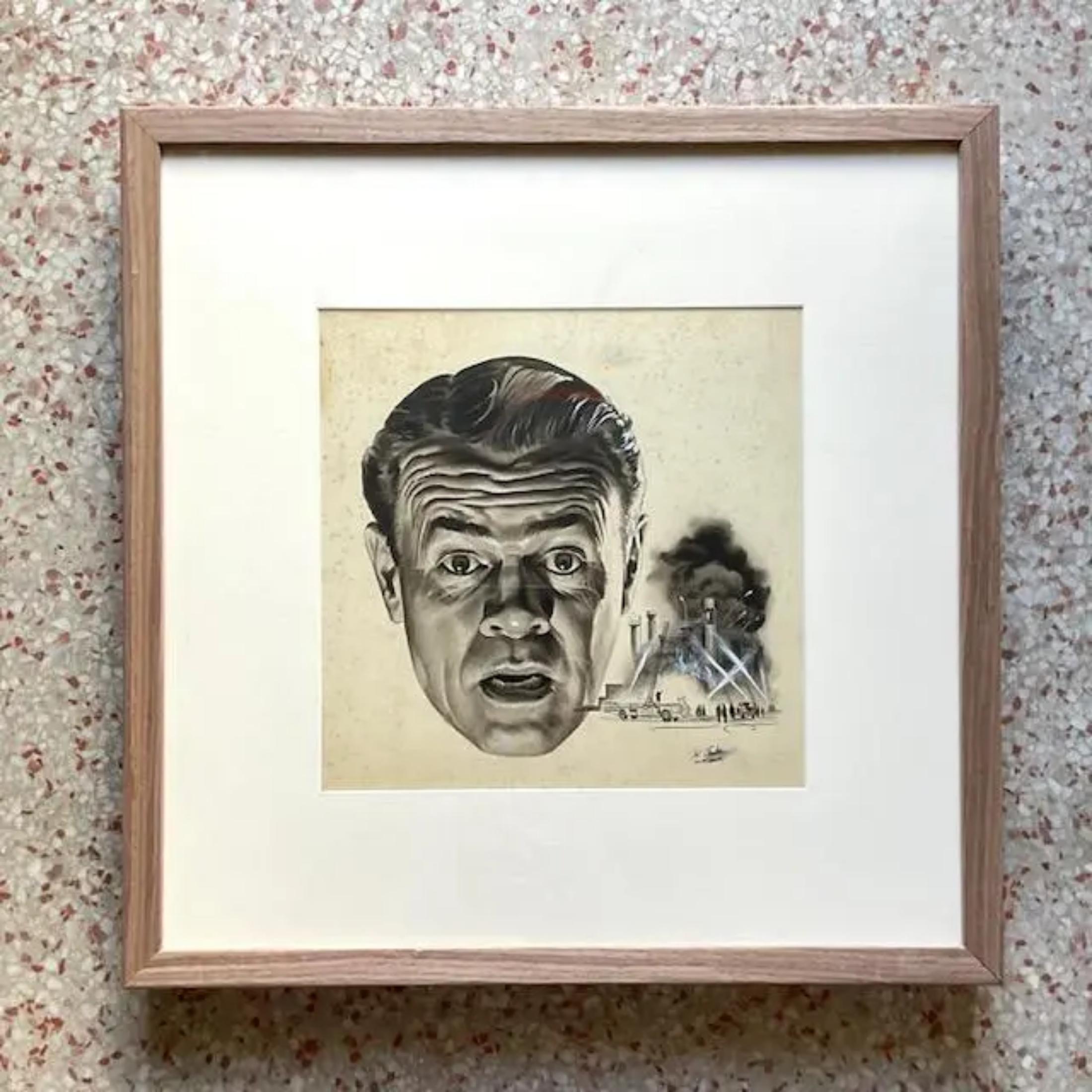 Mid-Century Modern Vintage MCM Sci-Fi Signed Original Ink Sketch of Man’s Face For Sale