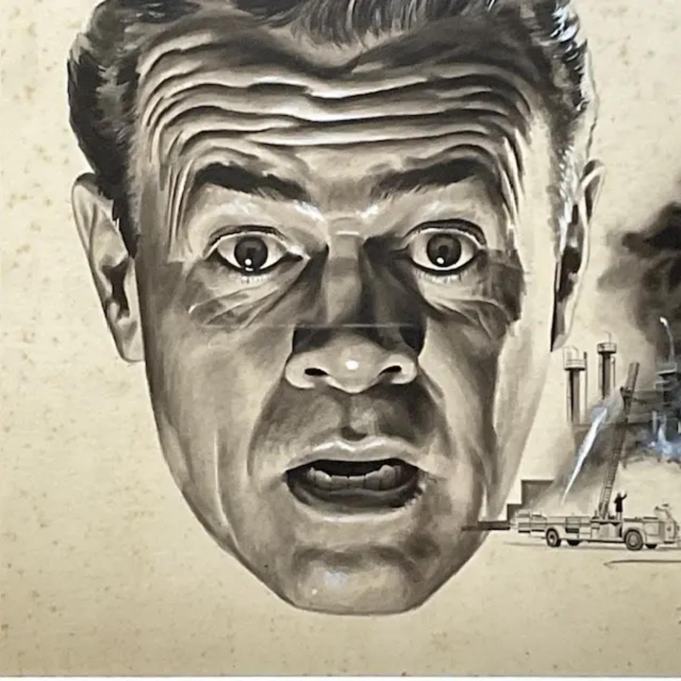 Vintage MCM Sci-Fi Signed Original Ink Sketch of Man's Face im Angebot 1