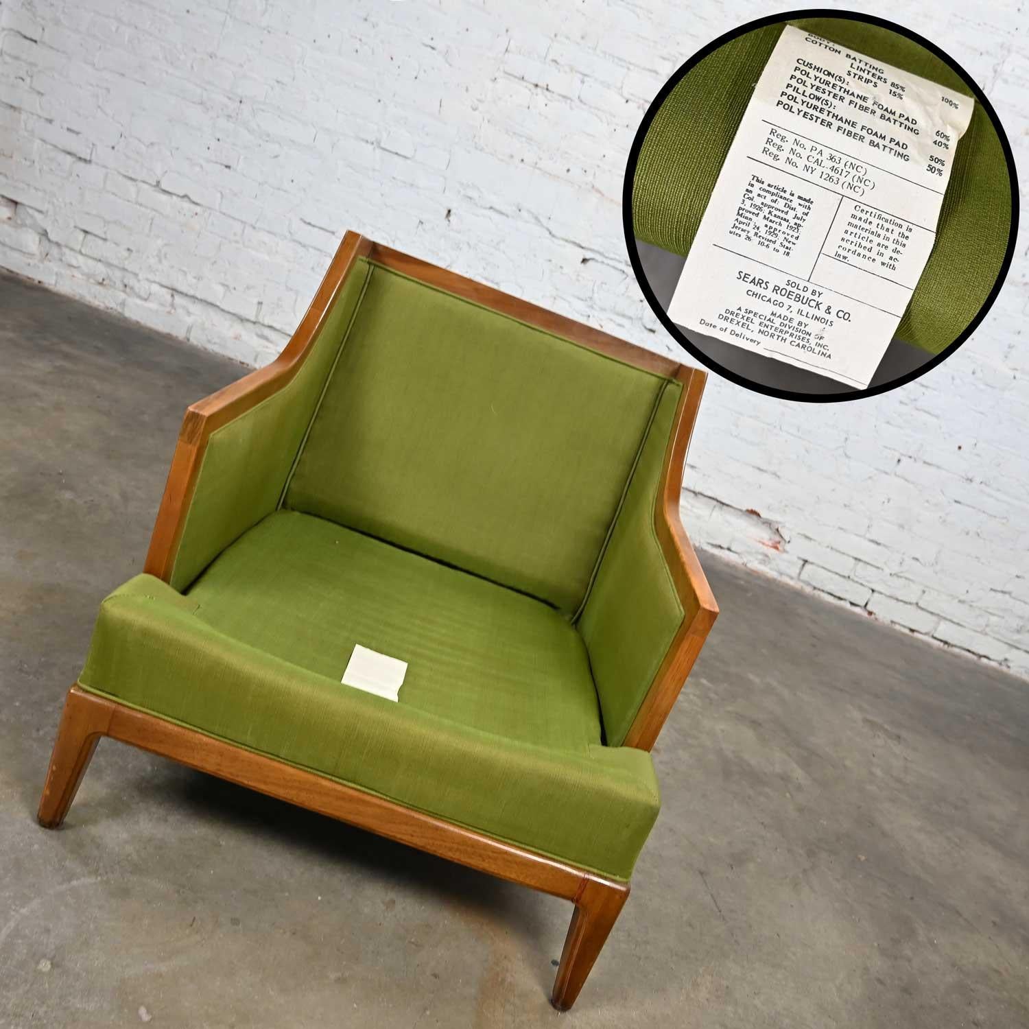 Vintage MCM Sears Symphony Coll by Drexel Green Upholstered & Cane Lounge Chair For Sale 2