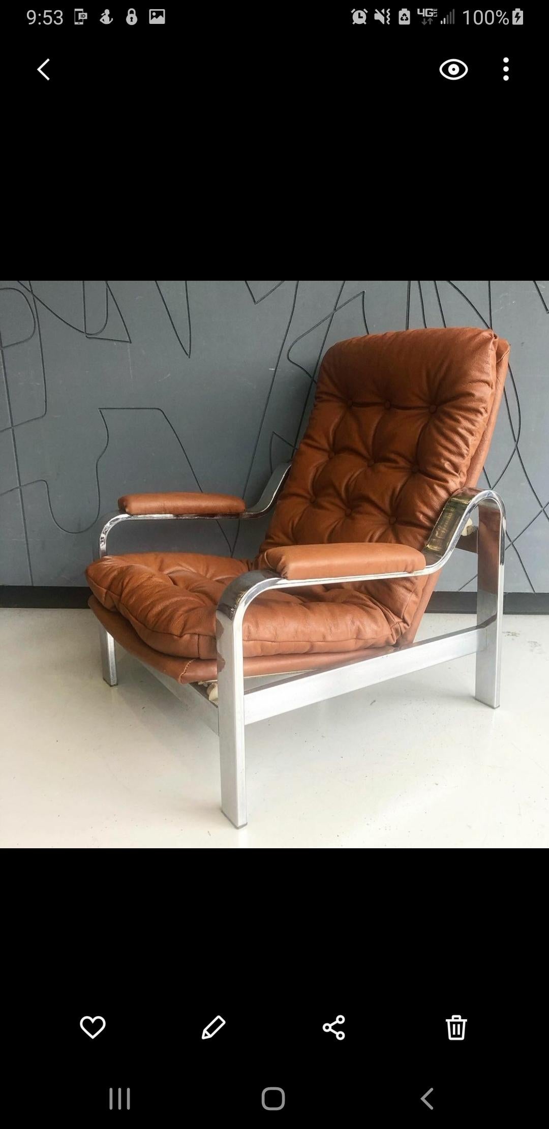 Italian Vintage MCM Selig Leather and Chrome Recliner