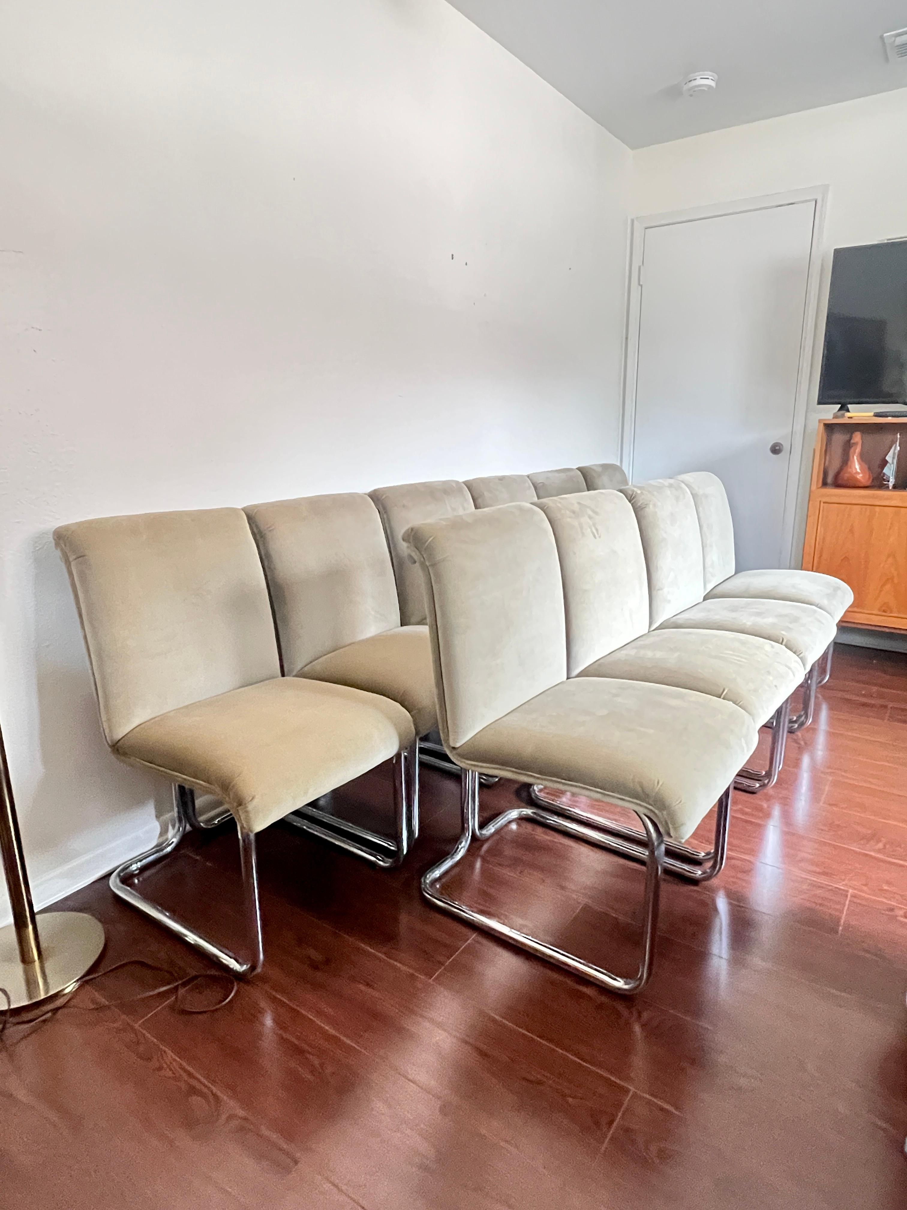 Late 20th Century Vintage MCM set of 4 Milo Baughman style chrome and velvet chairs in sage green For Sale