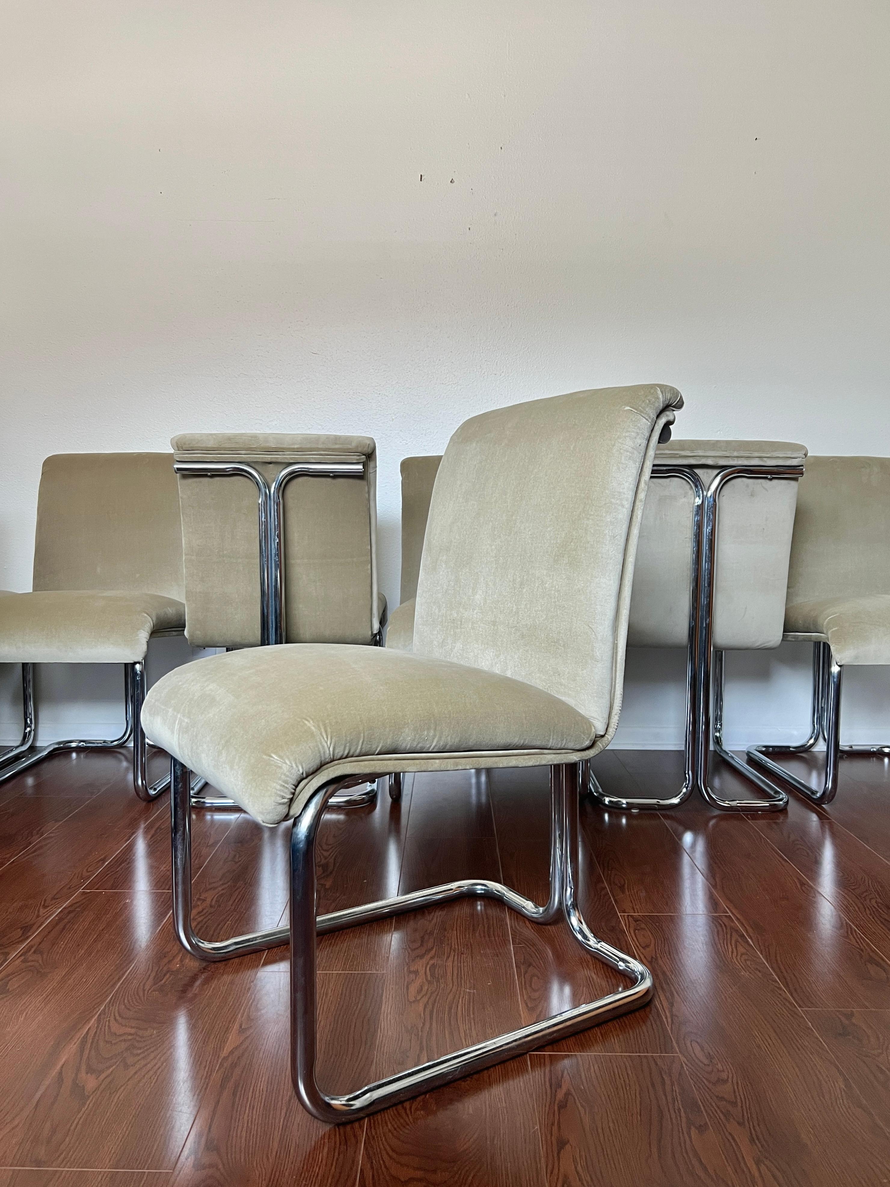 Vintage MCM set of 4 Milo Baughman style chrome and velvet chairs in sage green For Sale 1