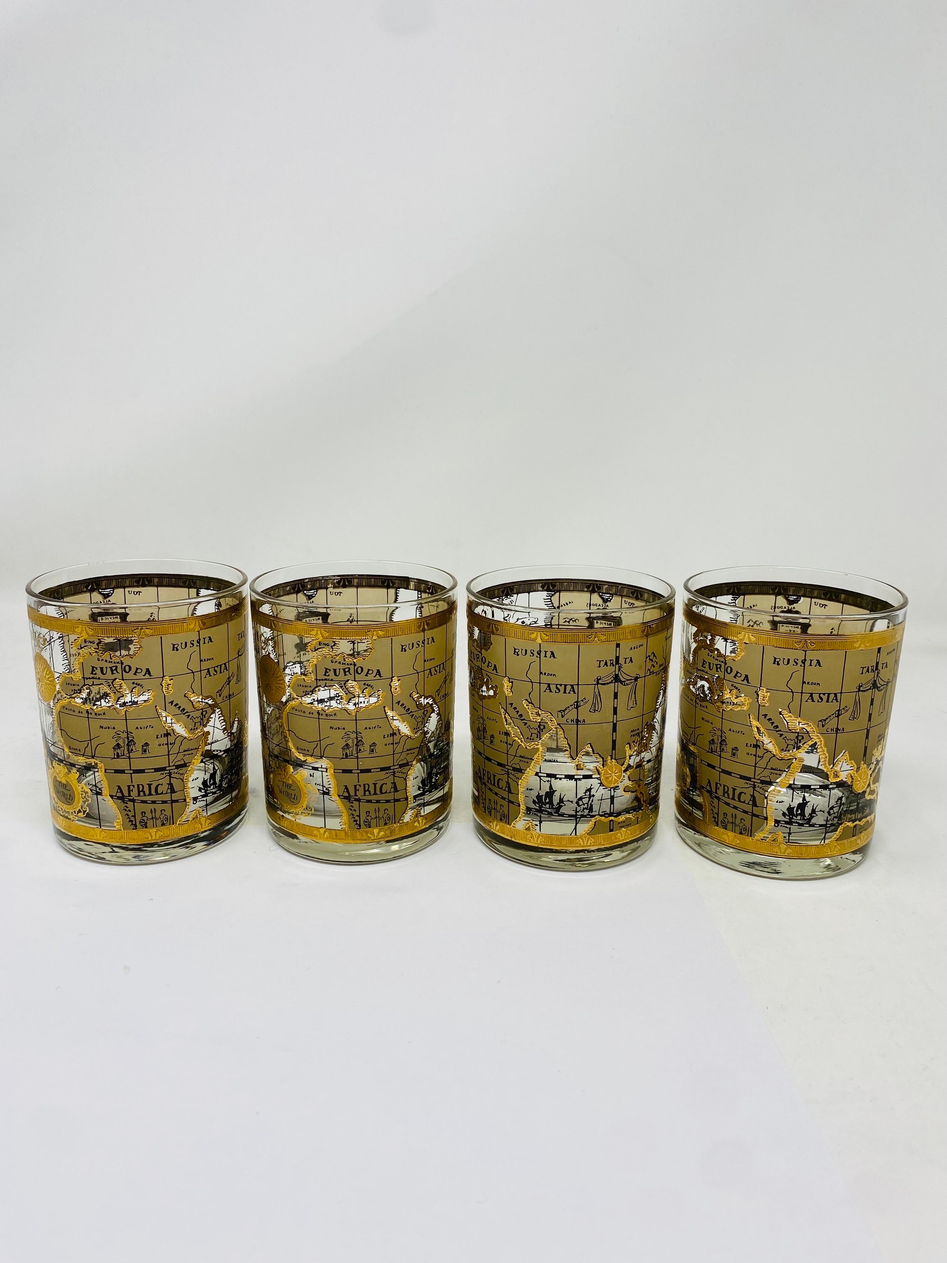 Vintage MCM  Juego de 4 vasos Old World Maps by Cera Renacimiento egipcio