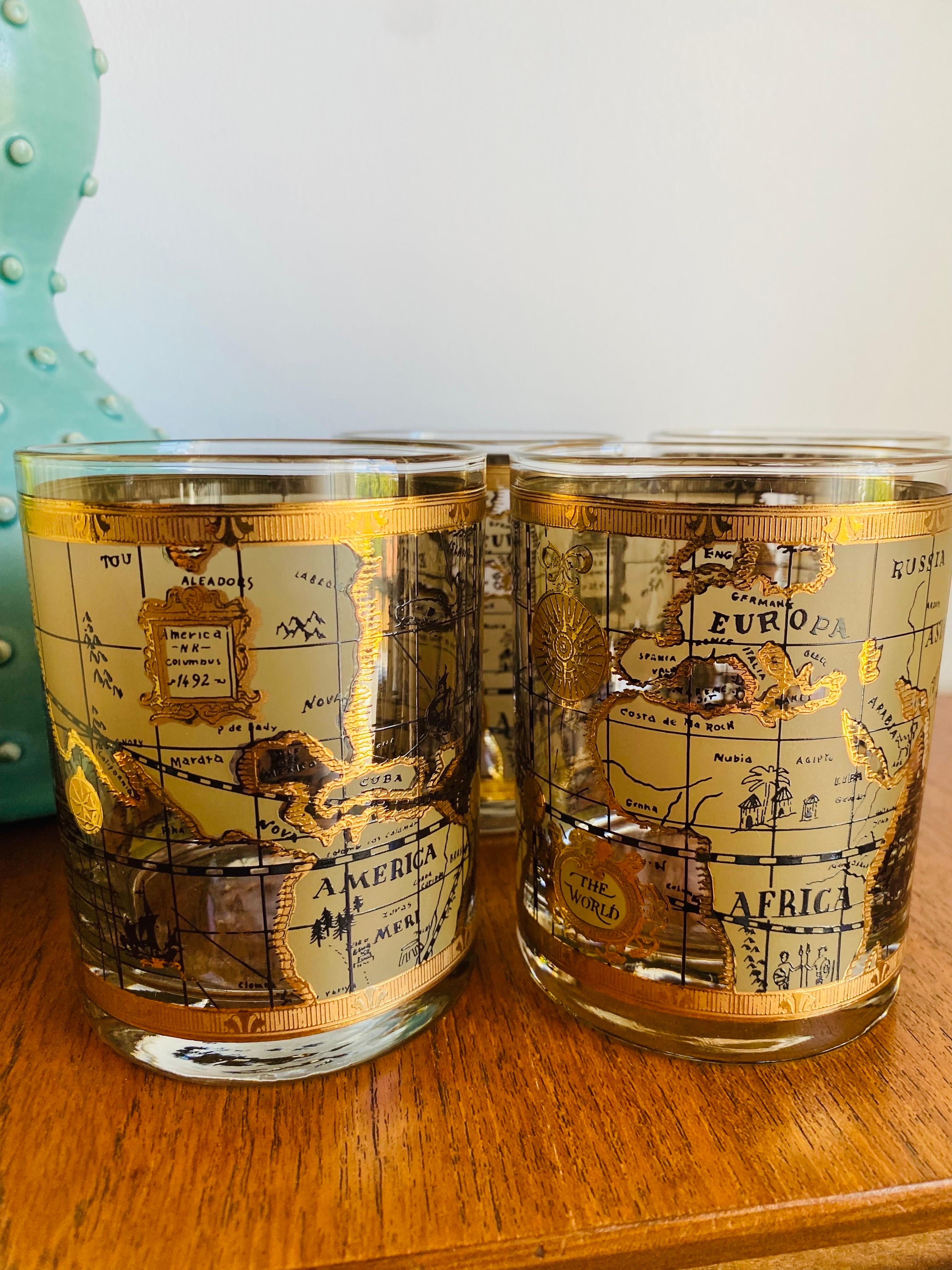 Vintage MCM  Juego de 4 vasos Old World Maps by Cera Estadounidense
