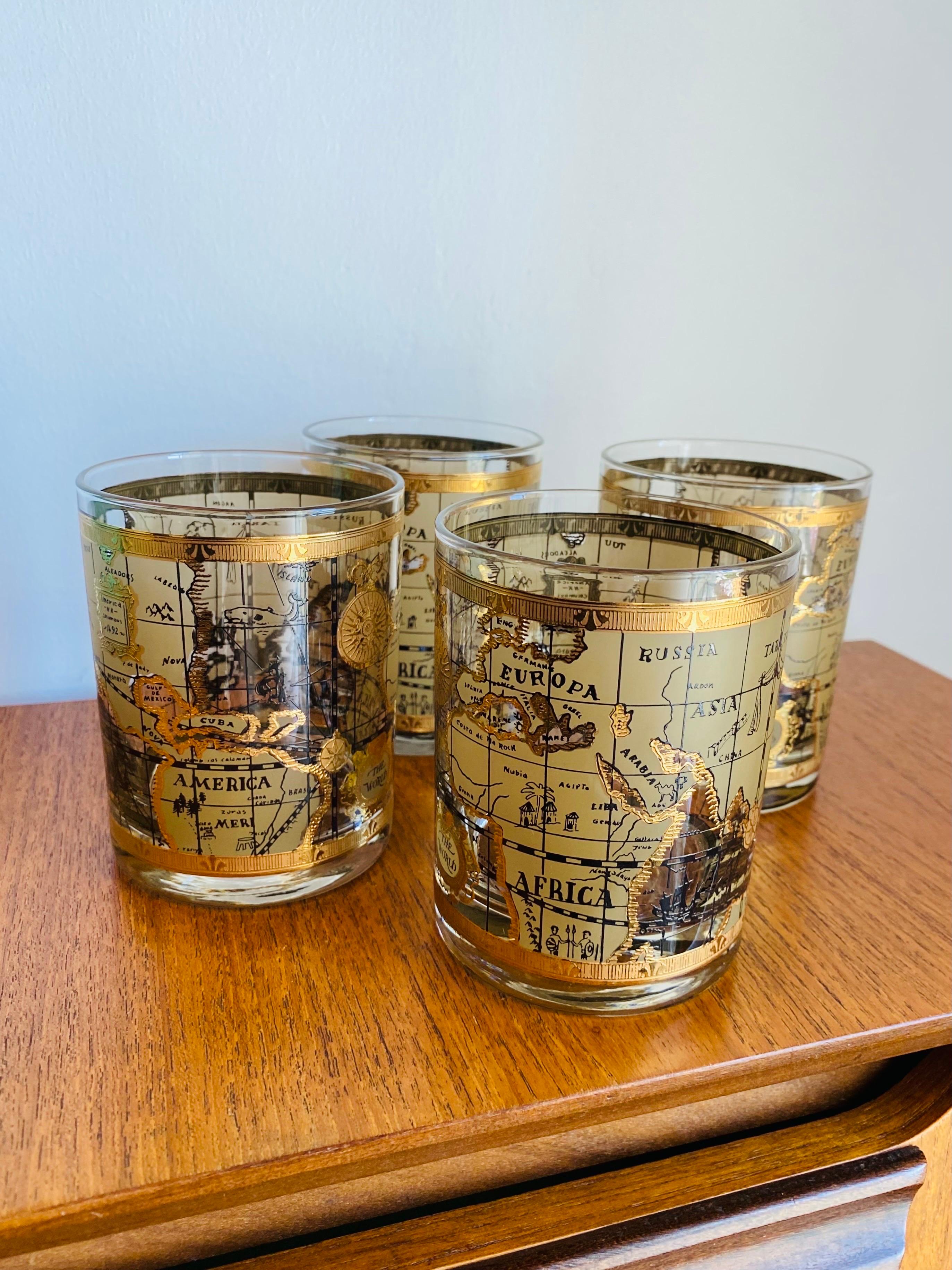 Vintage MCM  Juego de 4 vasos Old World Maps by Cera en Bueno Estado en San Diego, CA