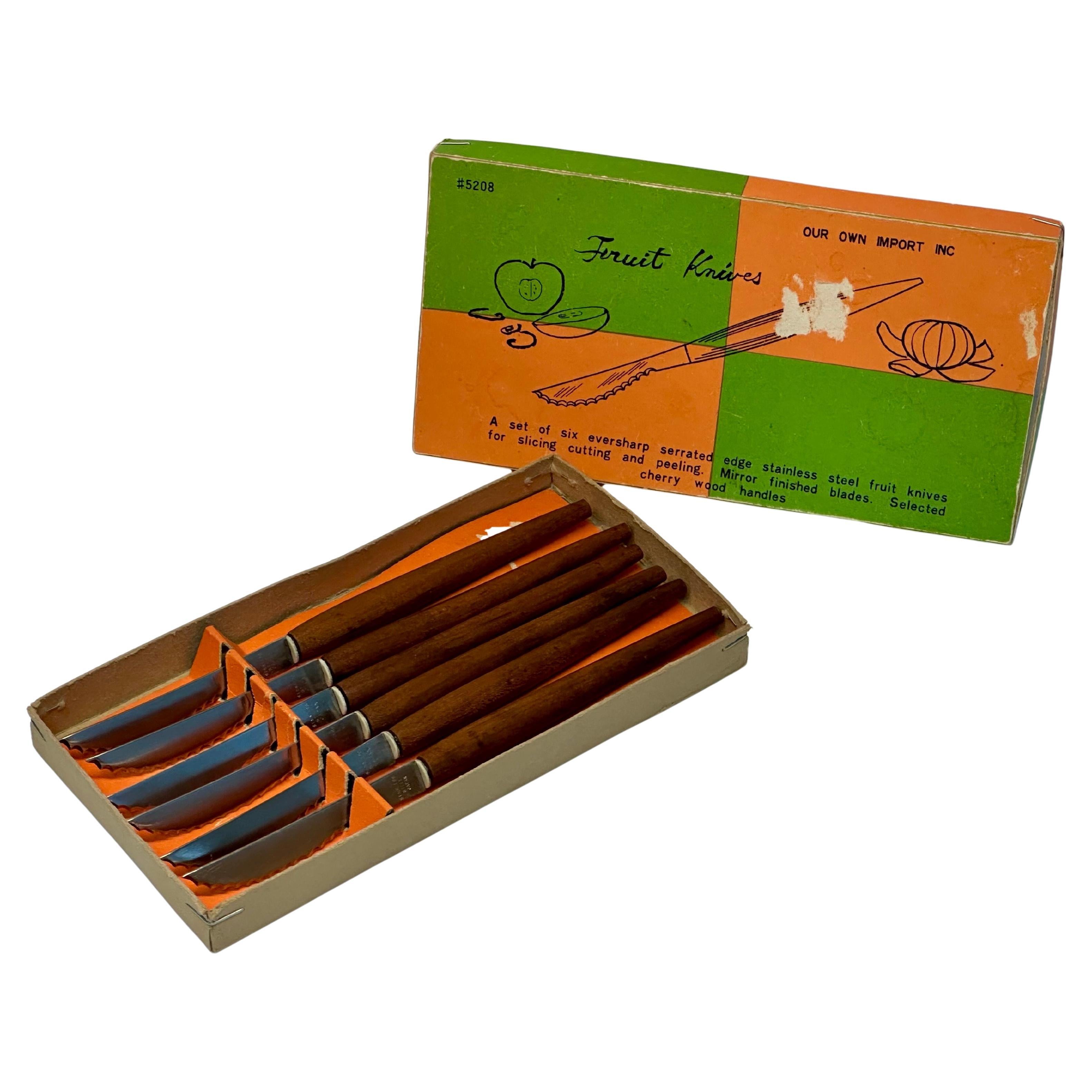 Vintage MCM Set of 6 Cherry Wood 
Steel Fruit Knives by Our Own Import Inc For Sale