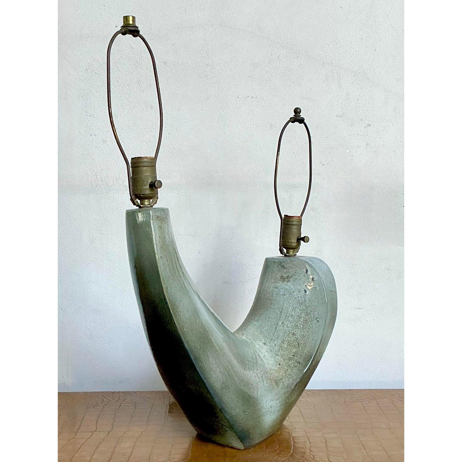 Mid-Century Modern Vintage MCM Signed Glazed Ceramic Double Branch Lamp (lampe à deux branches en céramique émaillée) en vente