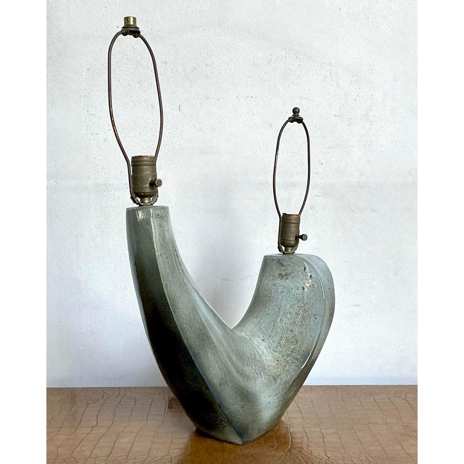 Vintage MCM Signed Glazed Ceramic Double Branch Lamp (lampe à deux branches en céramique émaillée) Bon état - En vente à West Palm Beach, FL