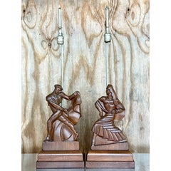 Vintage Mid-Century Modern Signed Hand Carved Heifetz Dancer Lamps - a Pair