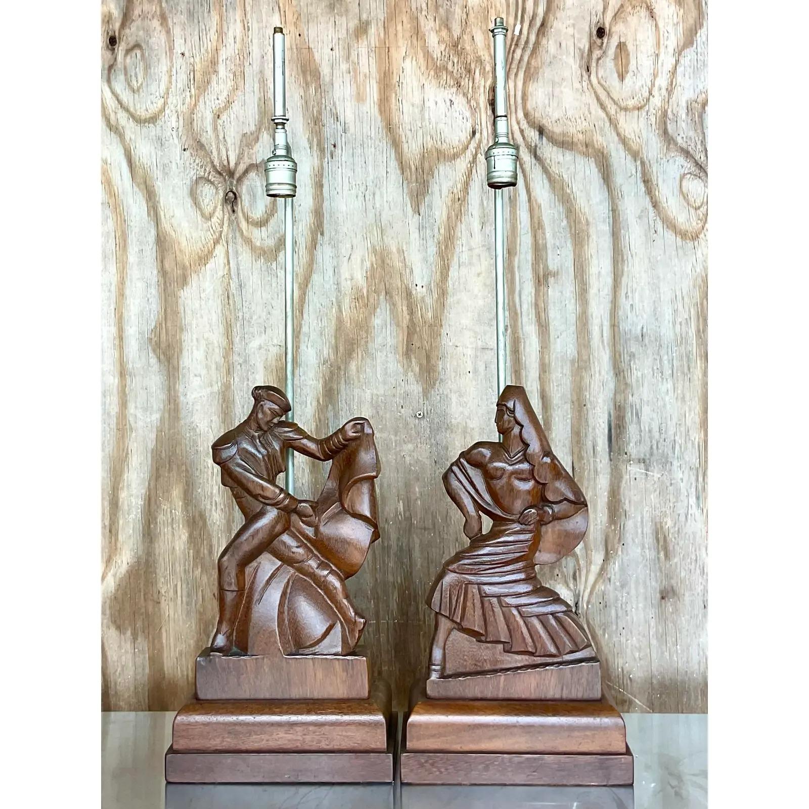 Mid-Century Modern Paire de lampes danseurs Heifetz signées et sculptées à la main, d'époque moderne du milieu du siècle dernier en vente