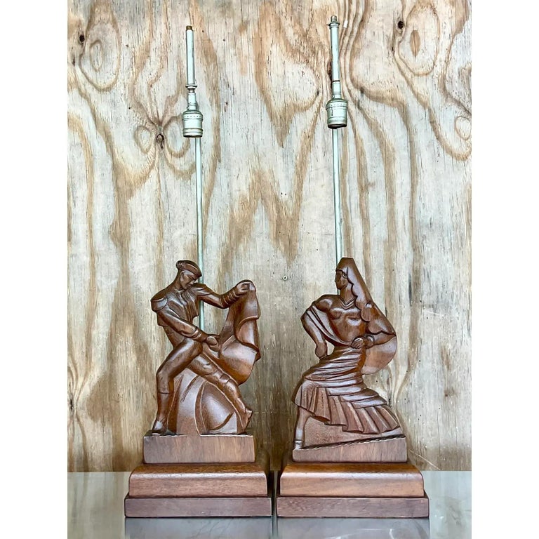 North American Vintage MCM Signed Hand Carved Heifetz Dancer Lamps - a Pair For Sale