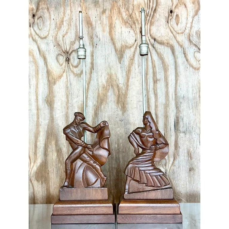 Vintage MCM Signed Hand Carved Heifetz Dancer Lamps - a Pair In Good Condition For Sale In west palm beach, FL