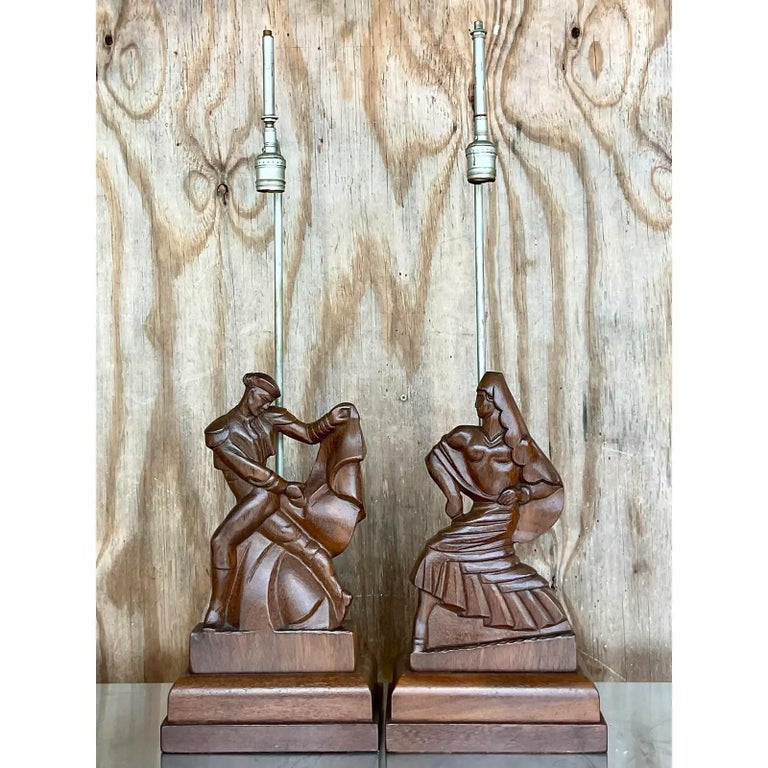 20th Century Vintage MCM Signed Hand Carved Heifetz Dancer Lamps - a Pair For Sale