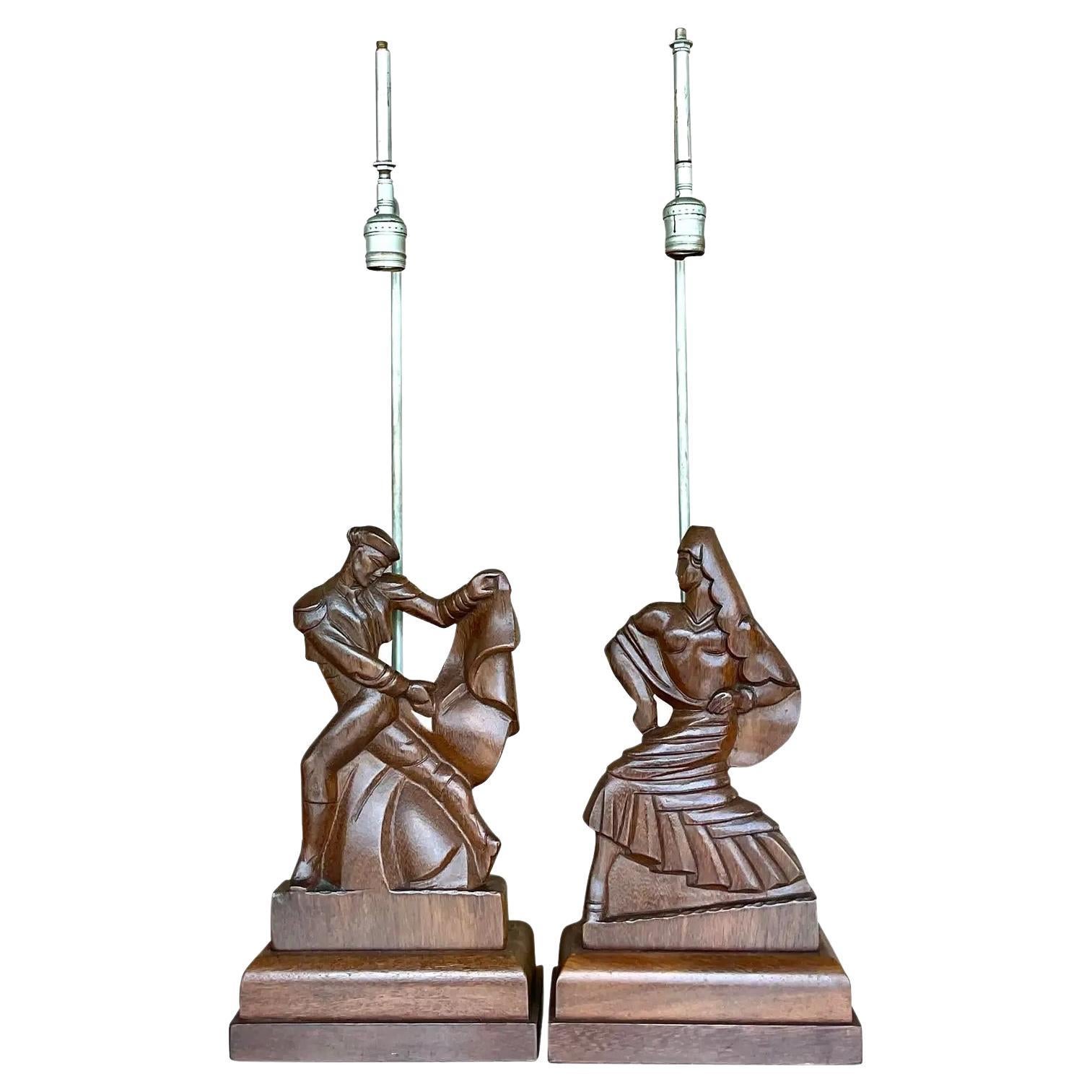 Vintage Mid-Century Modern Signed Hand Carved Heifetz Dancer Lamps - a Pair