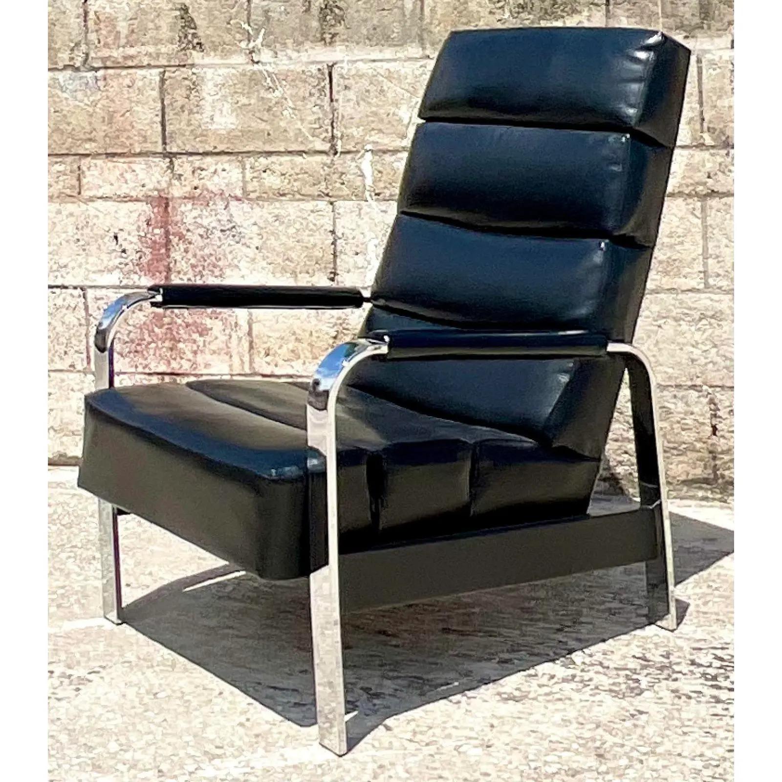 Vintage MCM Signed Milo Baughman for James Inc Chrome Reclining Chair In Good Condition In West Palm Beach, FL