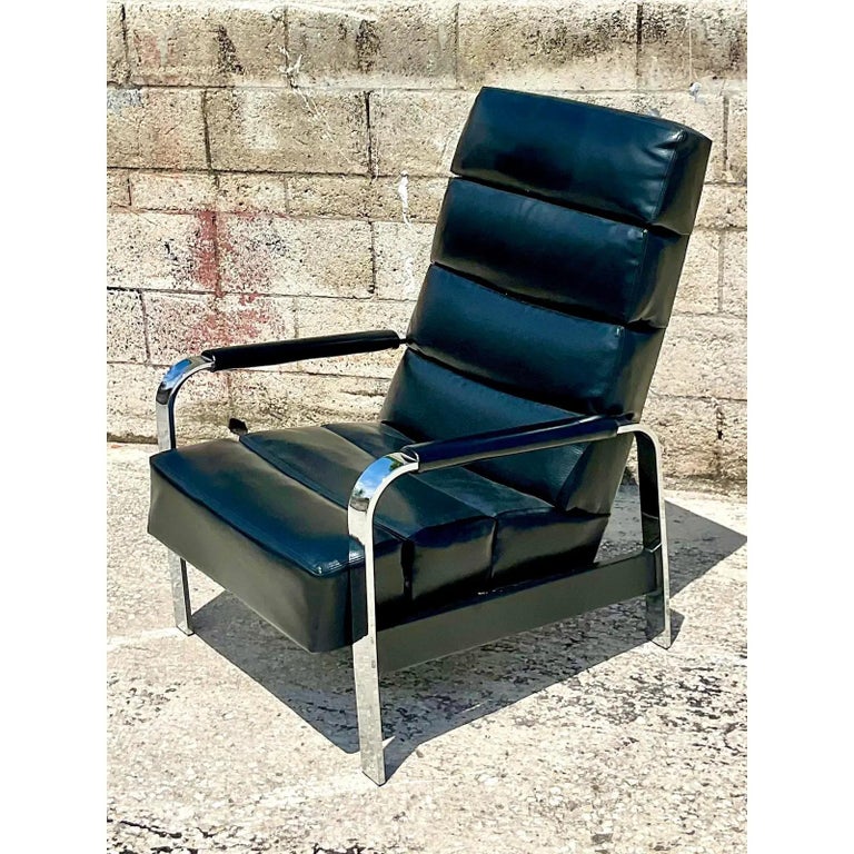 Leather Vintage MCM Signed Milo Baughman for James Inc Chrome Reclining Chair For Sale